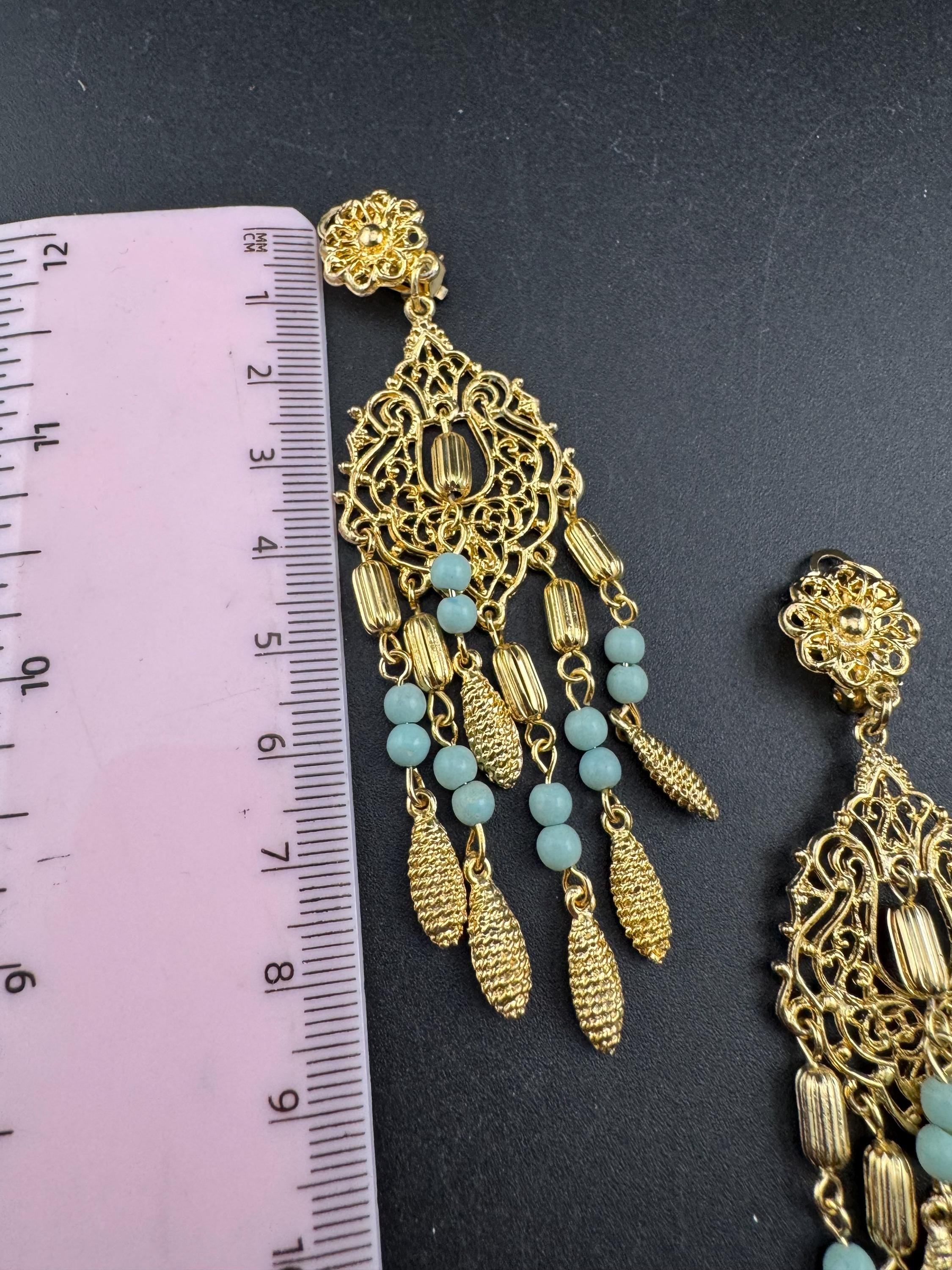 Oversized 9cm gold and turquoise beaded long articulated dangly clip on earrings