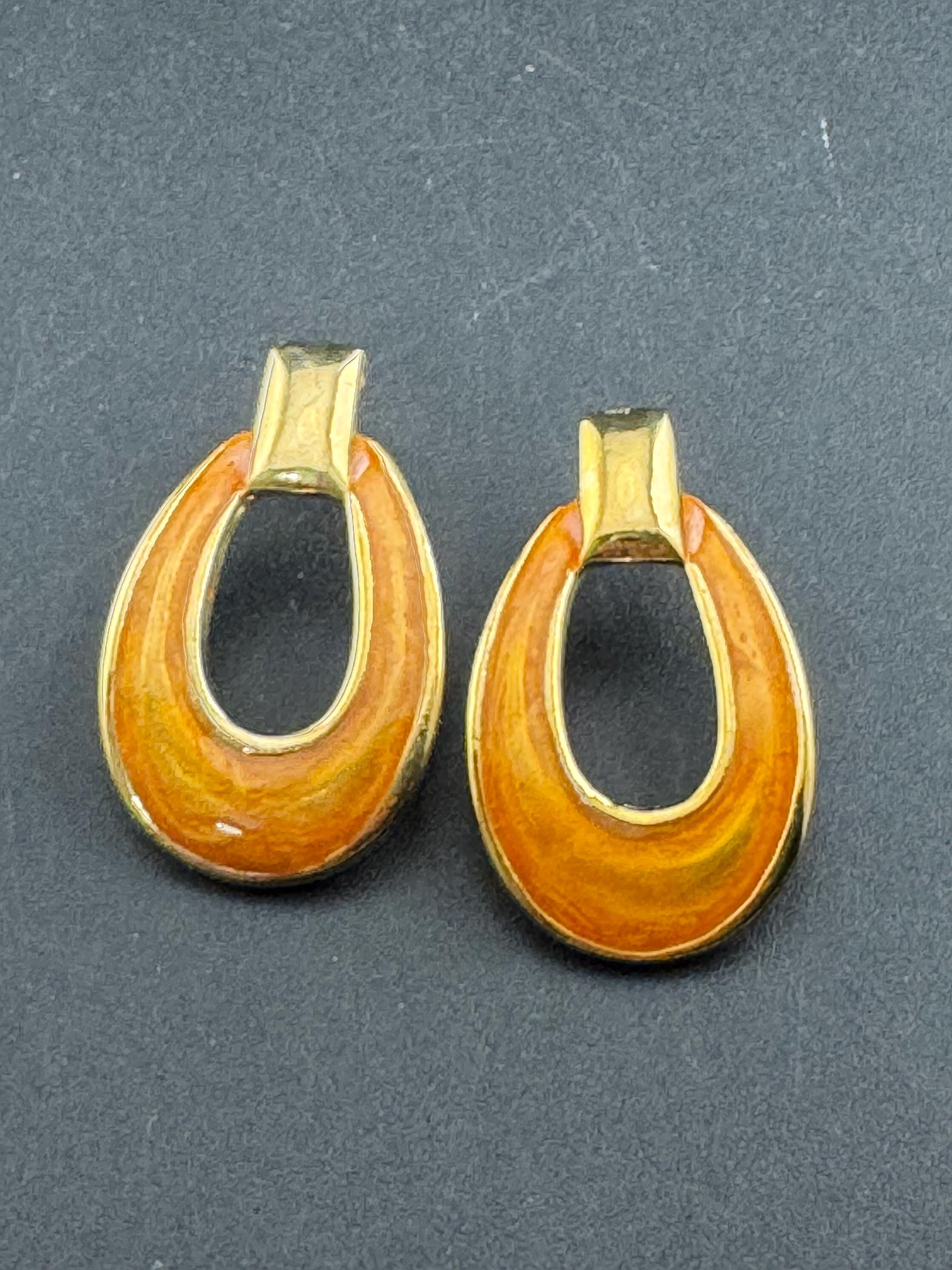 Tan orange brown enamel door knocker drop earrings, pierced gold tone