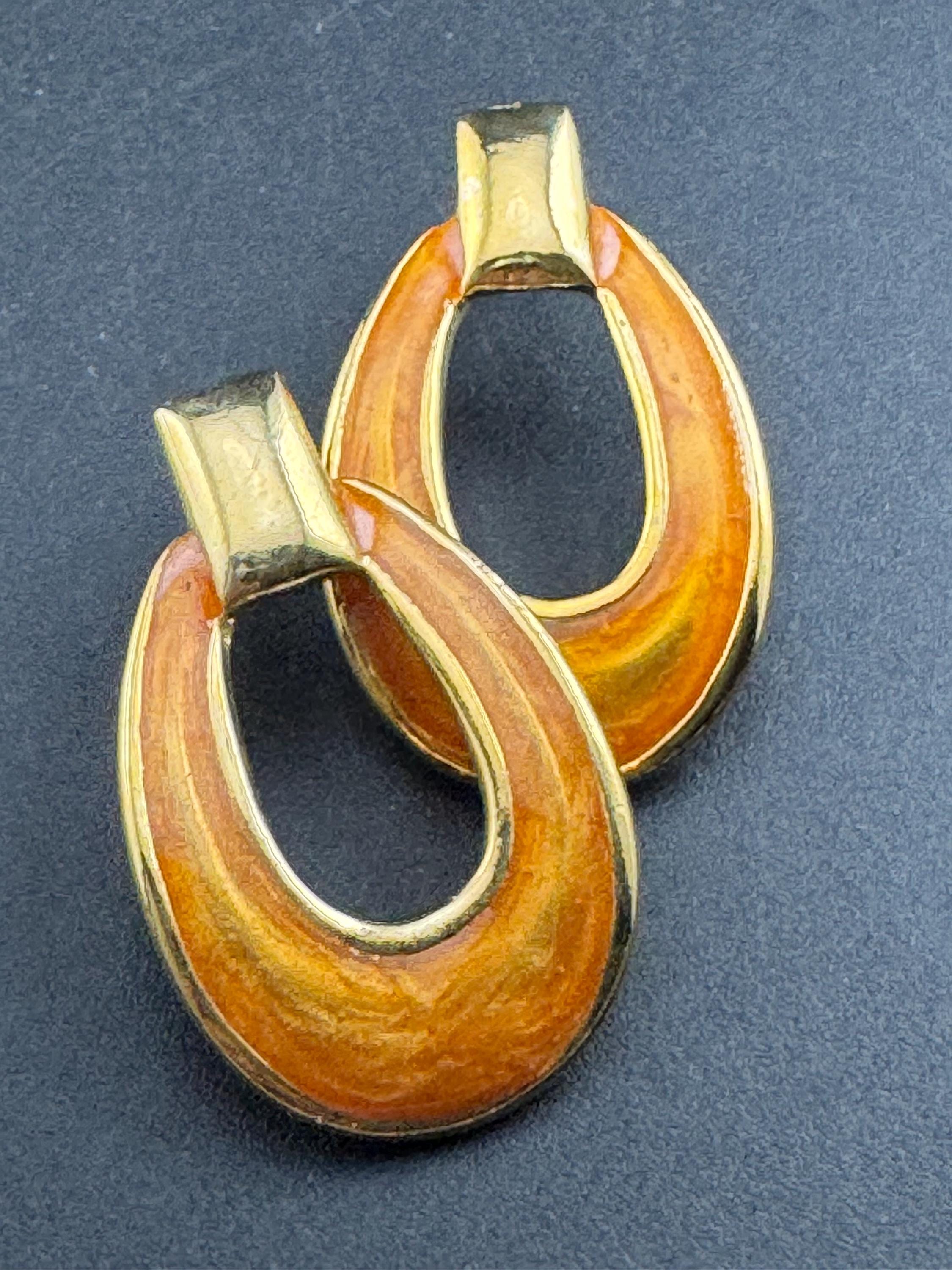Tan orange brown enamel door knocker drop earrings, pierced gold tone