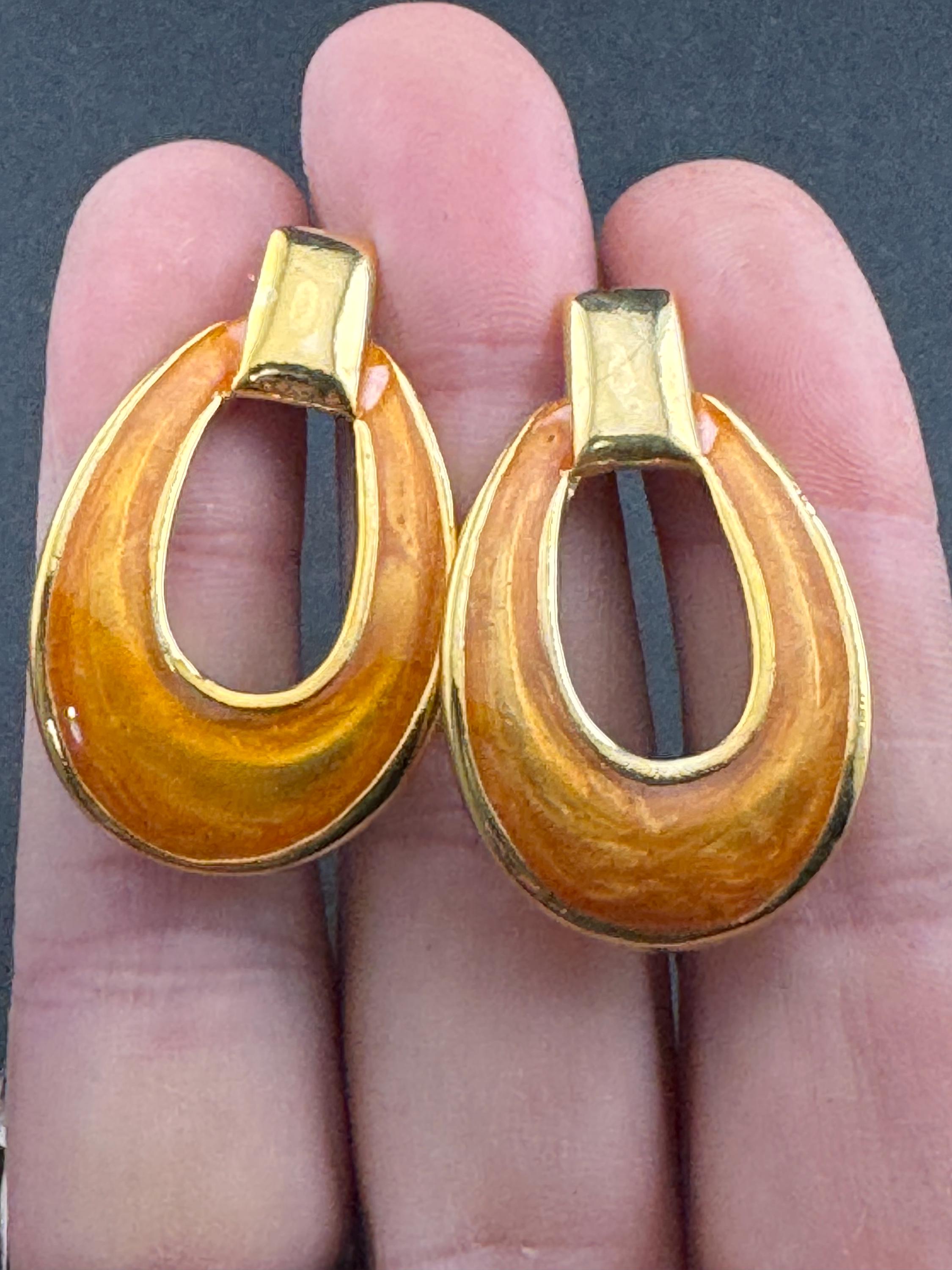 Tan orange brown enamel door knocker drop earrings, pierced gold tone