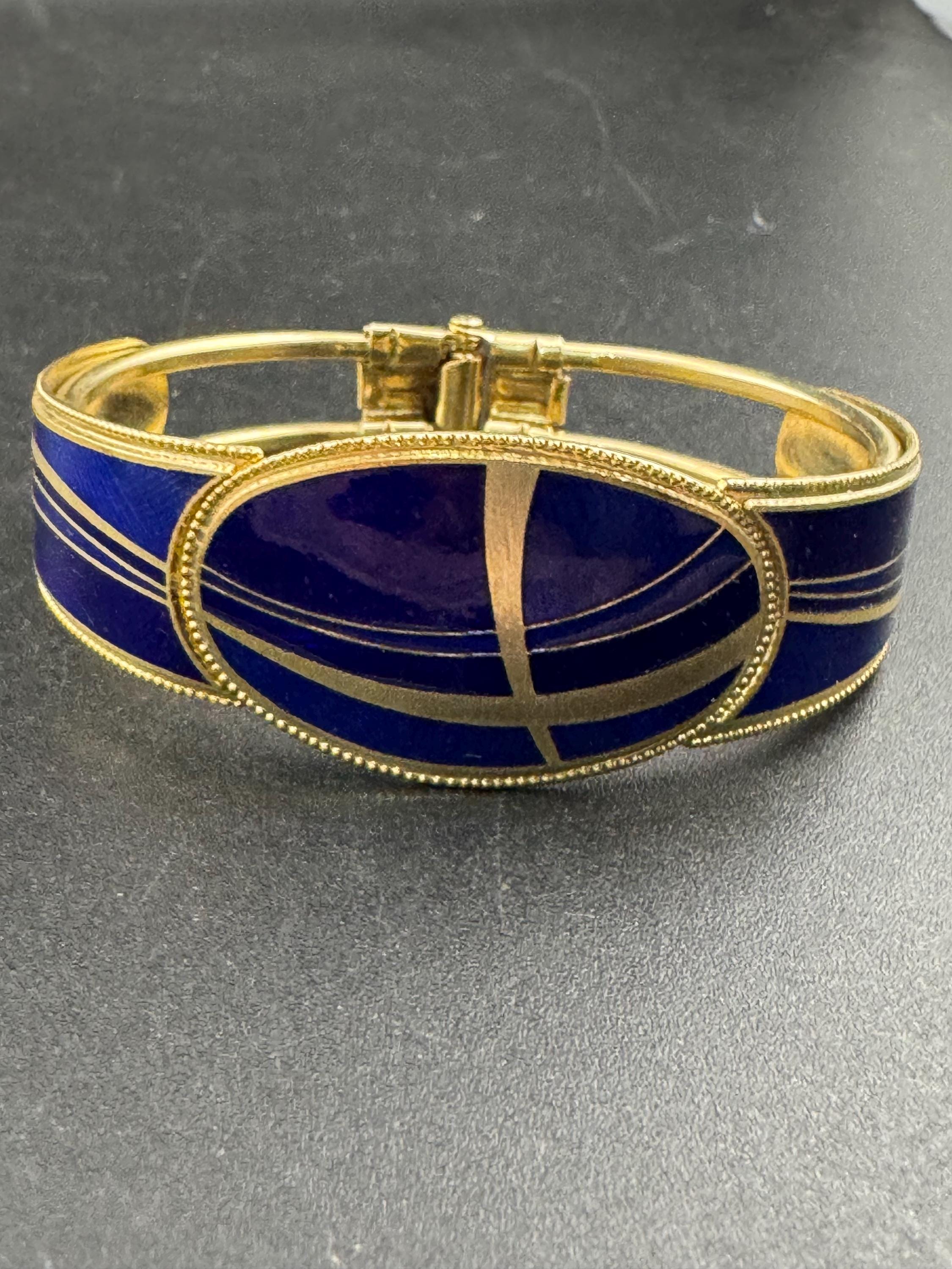 Vintage bright blue enamel geometric clamper bangle: abstract modernist design 1980s 1990s