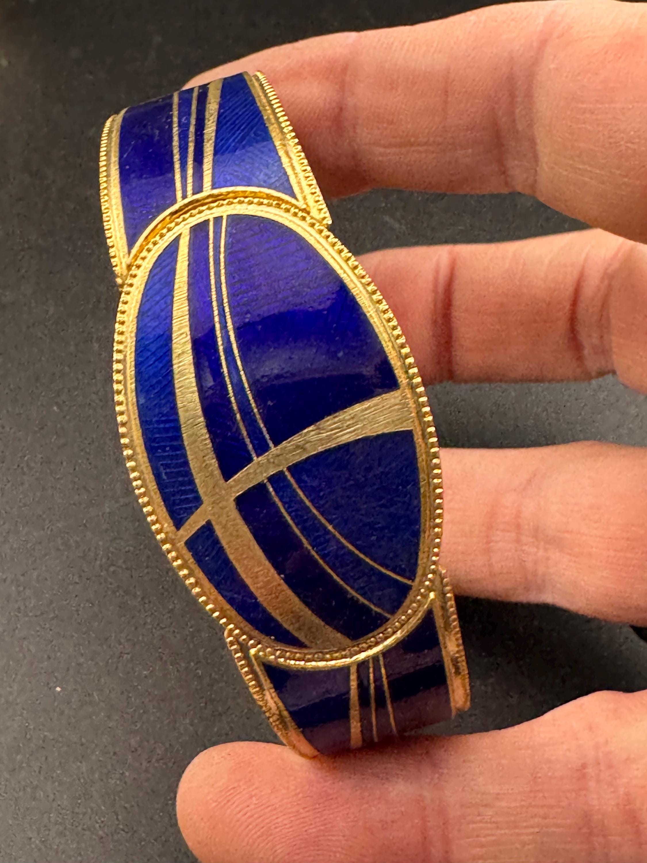 Vintage bright blue enamel geometric clamper bangle: abstract modernist design 1980s 1990s