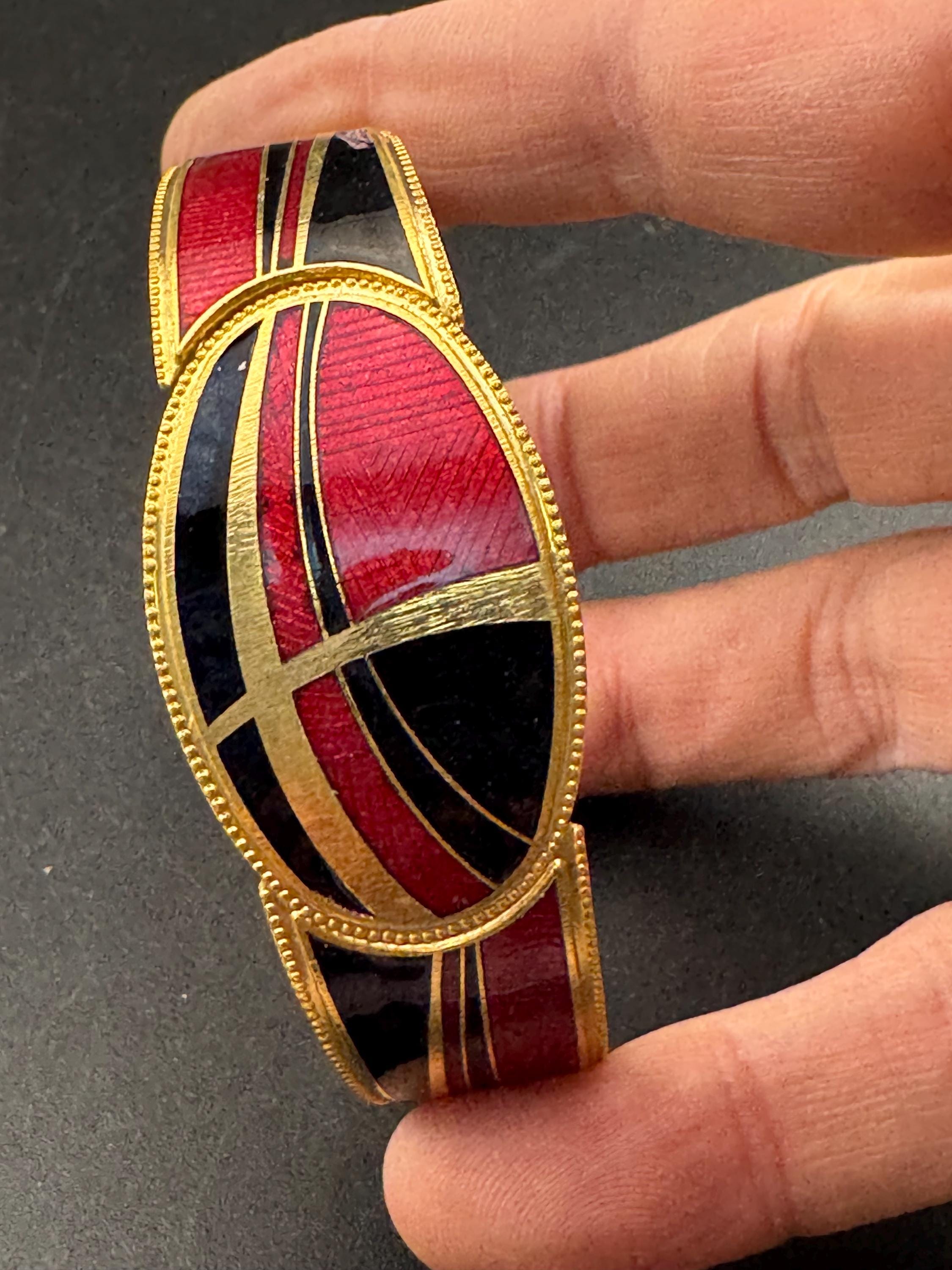 Vintage black and red enamel geometric clamper bangle: abstract modernist design 1980s 1990s