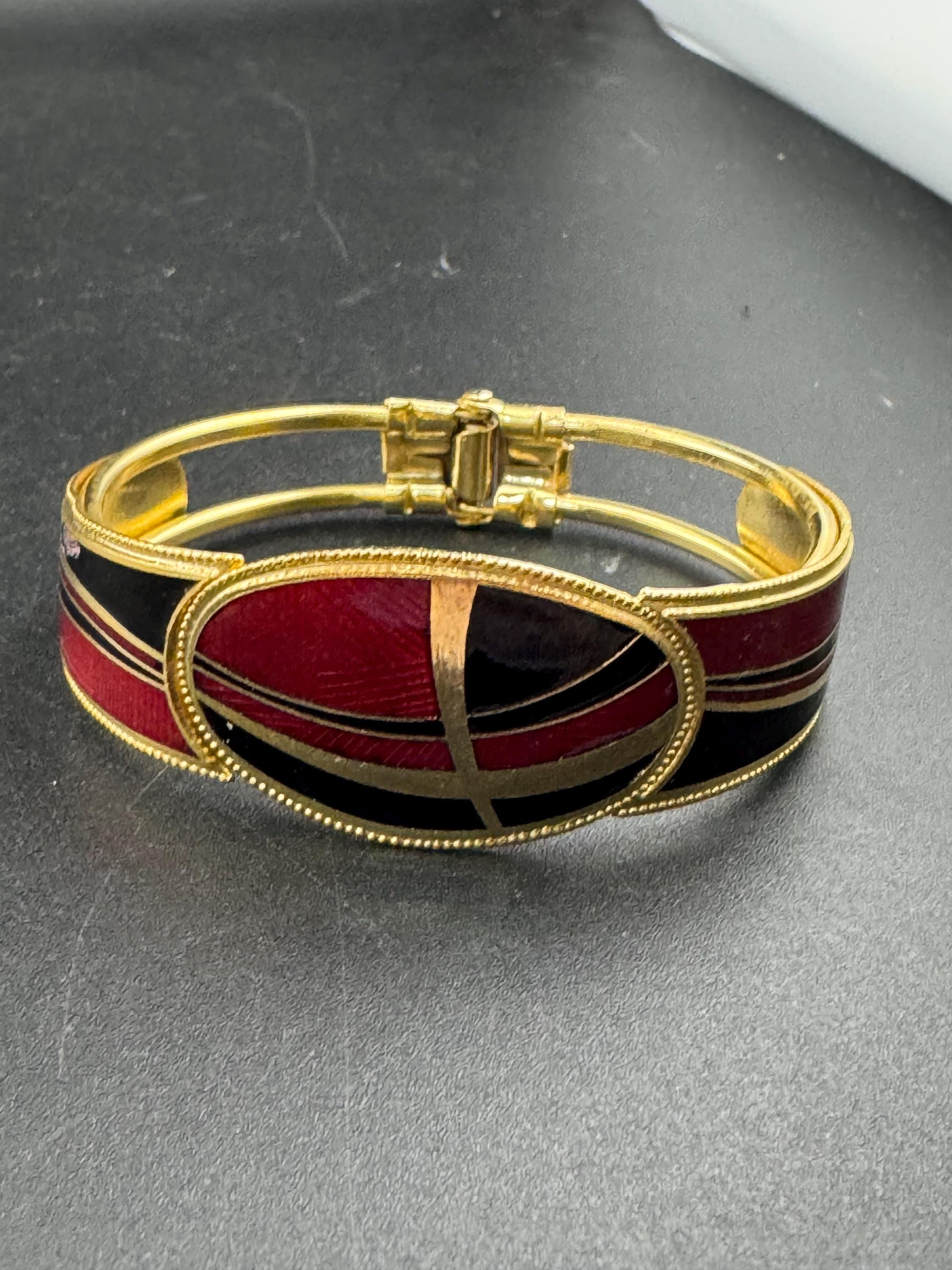 Vintage black and red enamel geometric clamper bangle: abstract modernist design 1980s 1990s