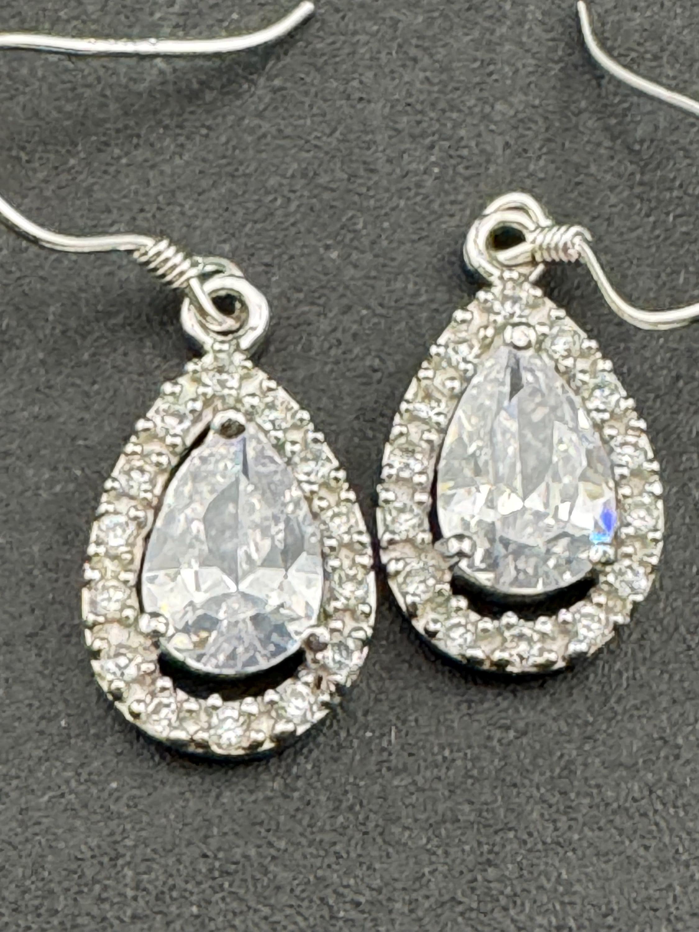 925 pierced drop Earrings, sterling silver set with clear diamanté gem stones