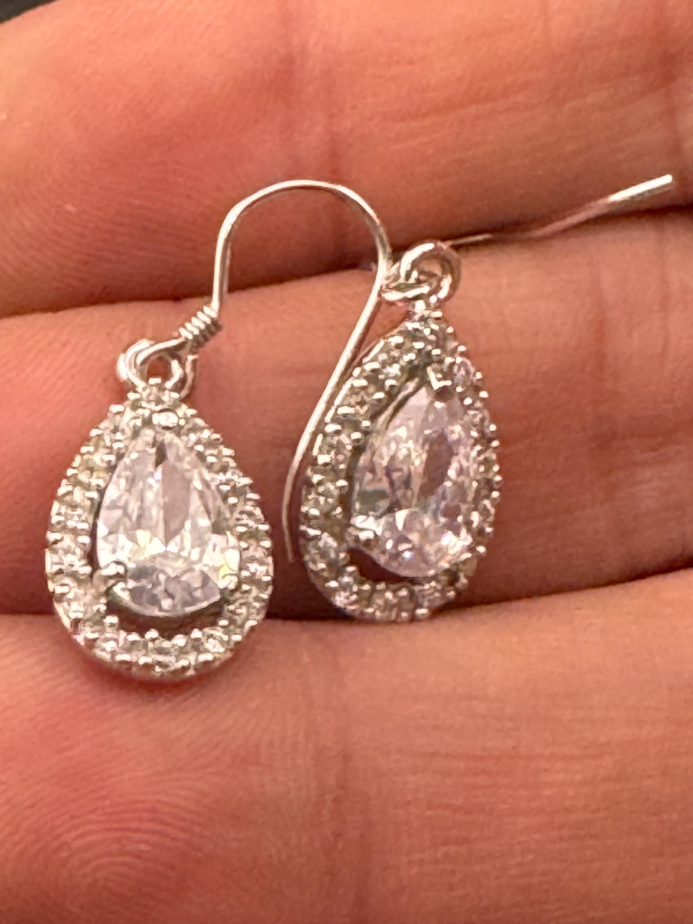 925 pierced drop Earrings, sterling silver set with clear diamanté gem stones
