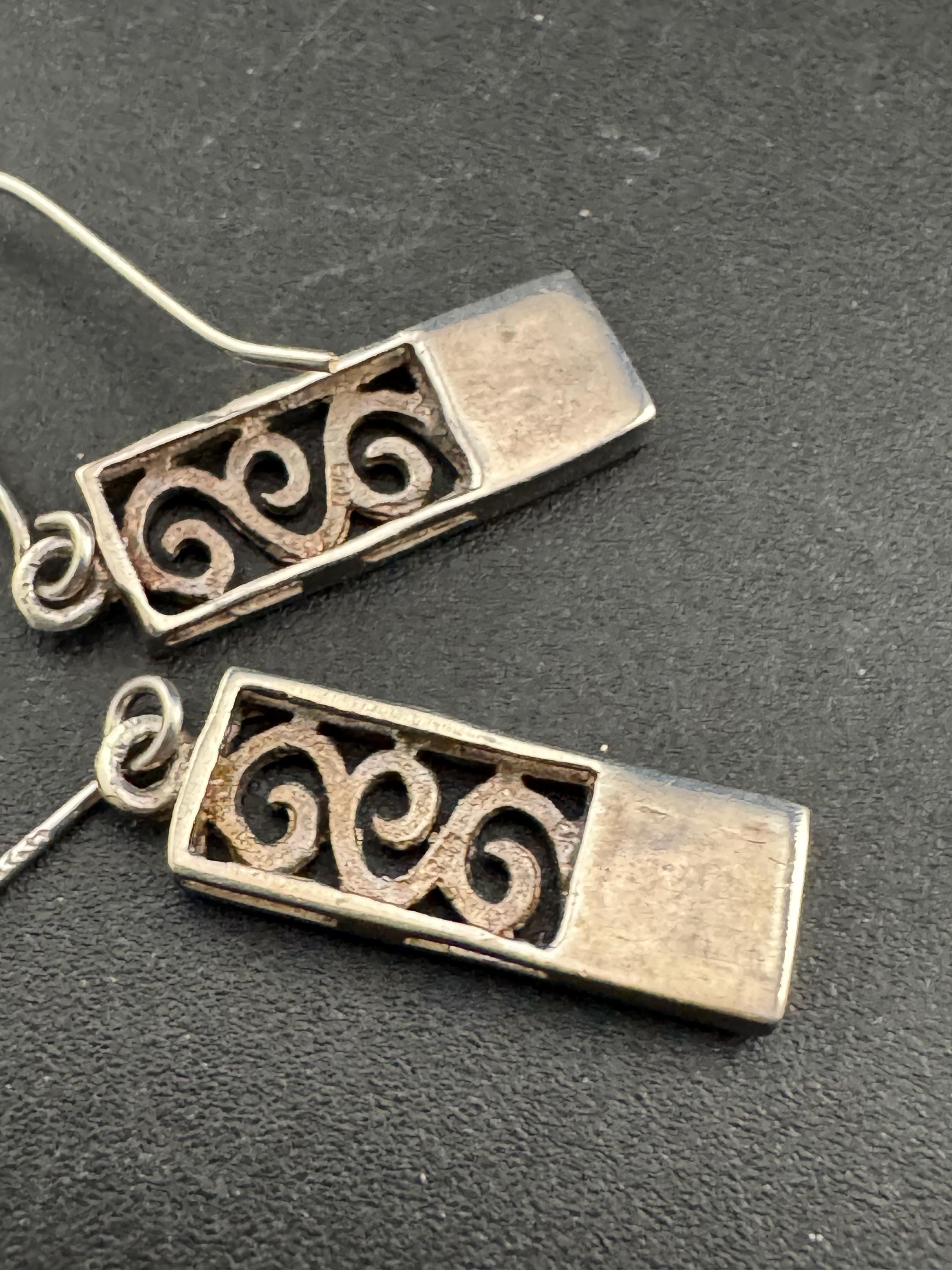 Vintage 925 rectangular drop Earrings with blue pearl , Art nouveau openwork