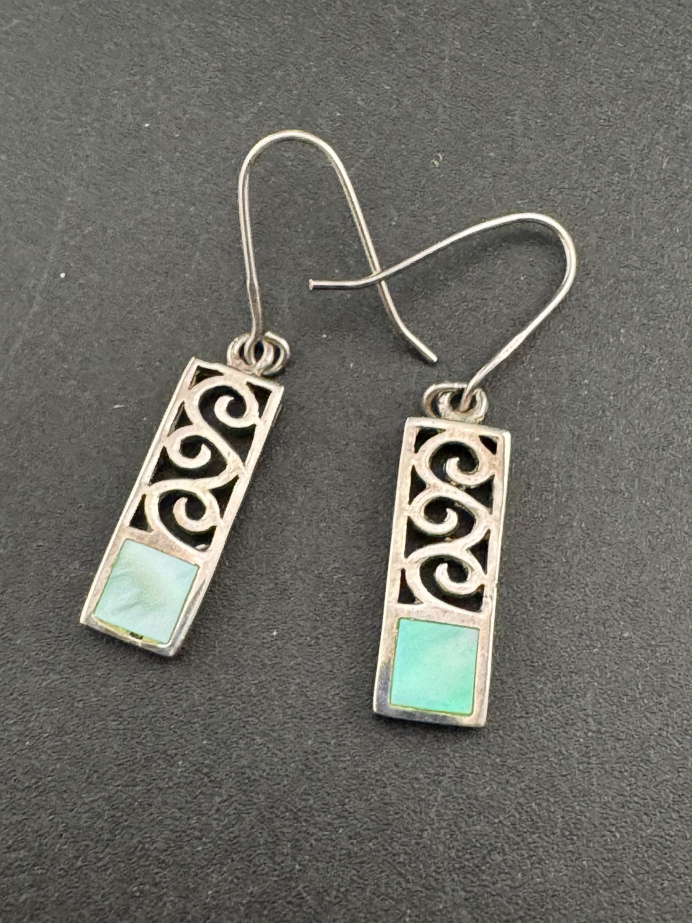 Vintage 925 rectangular drop Earrings with blue pearl , Art nouveau openwork