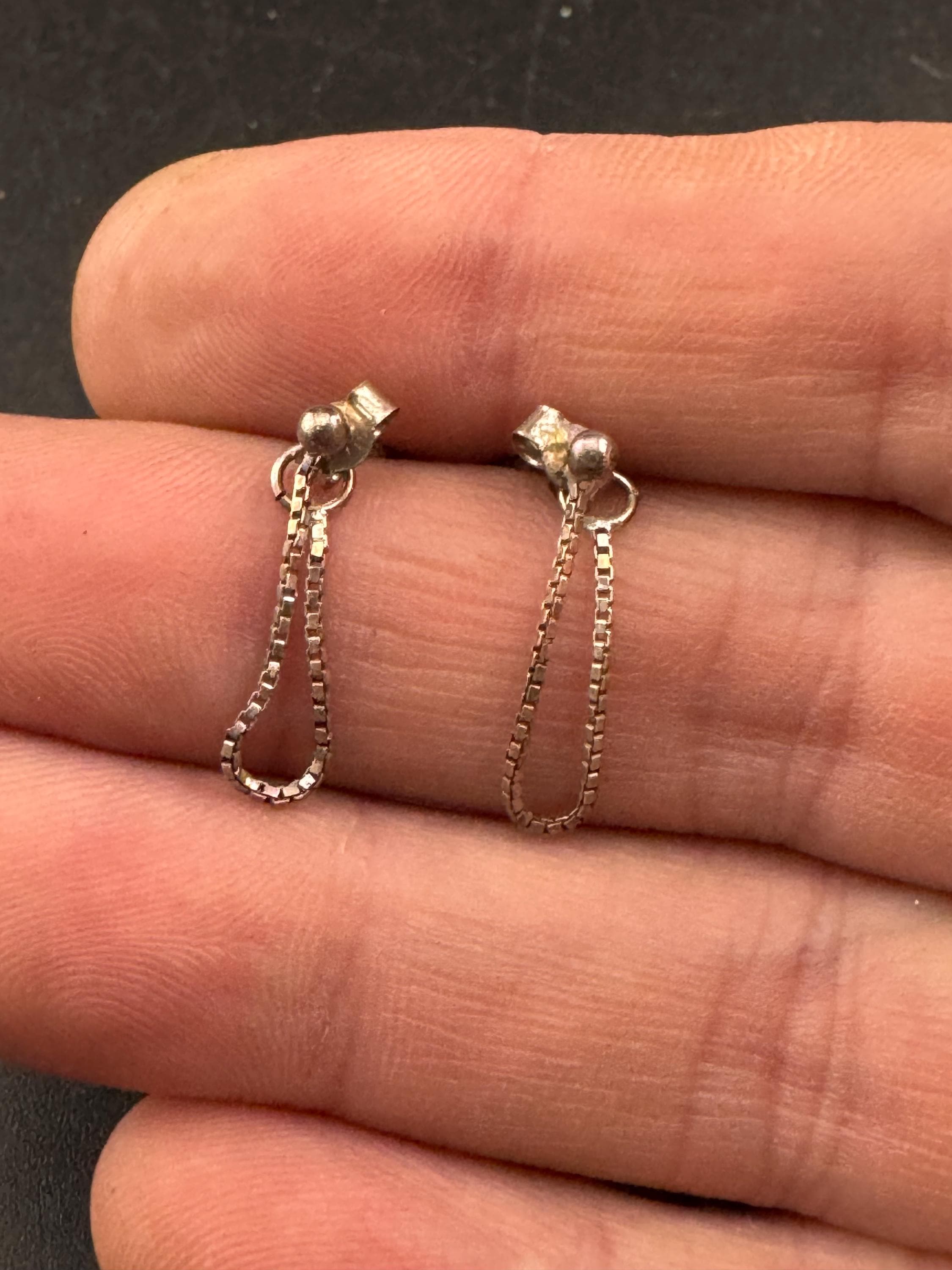 Dainty 925 Sterling Silver box chain Drop loop Earrings: 1970s