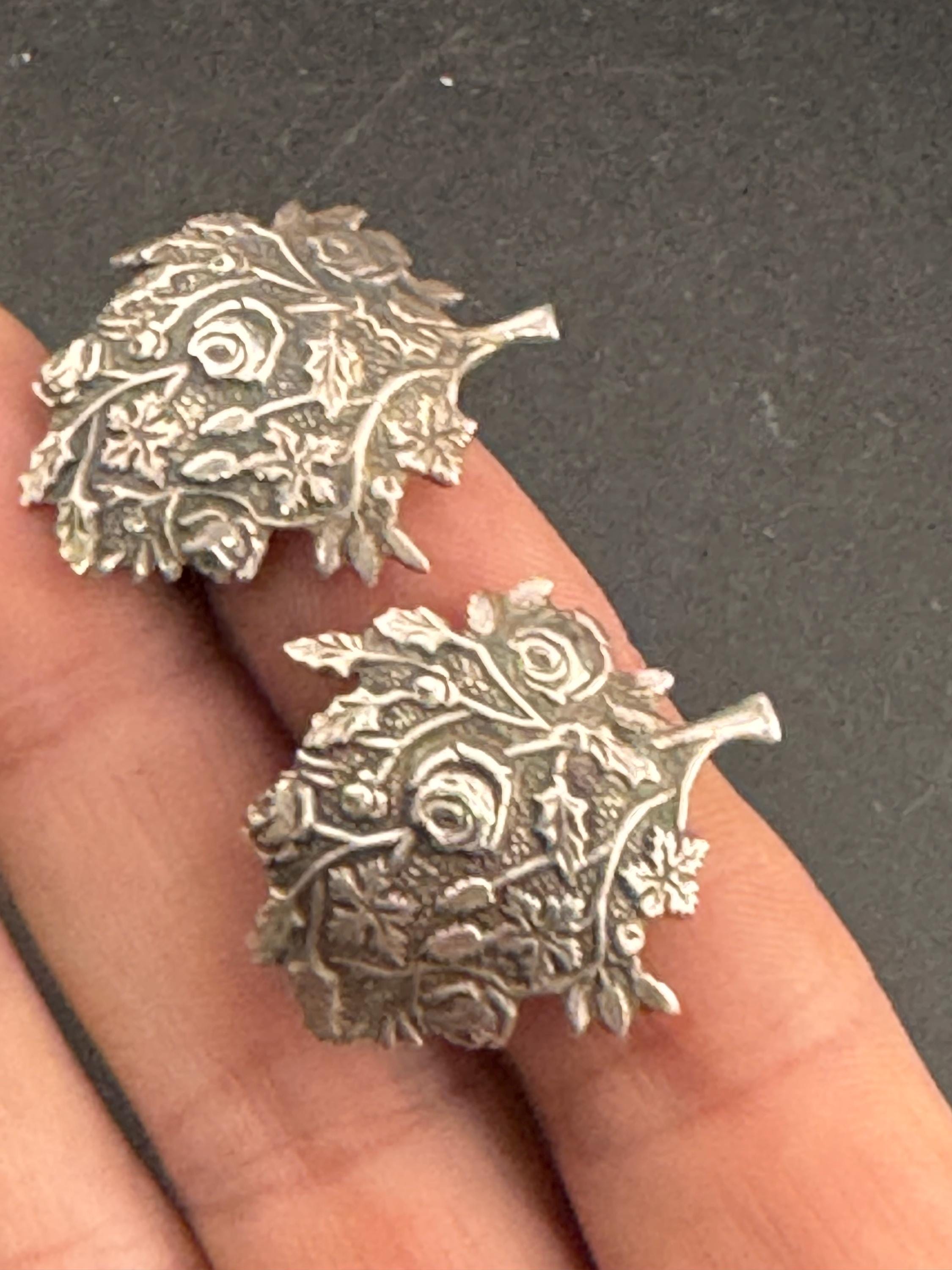 Vintage Mari Lou 925 floral rose earrings, sterling silver clip on studs