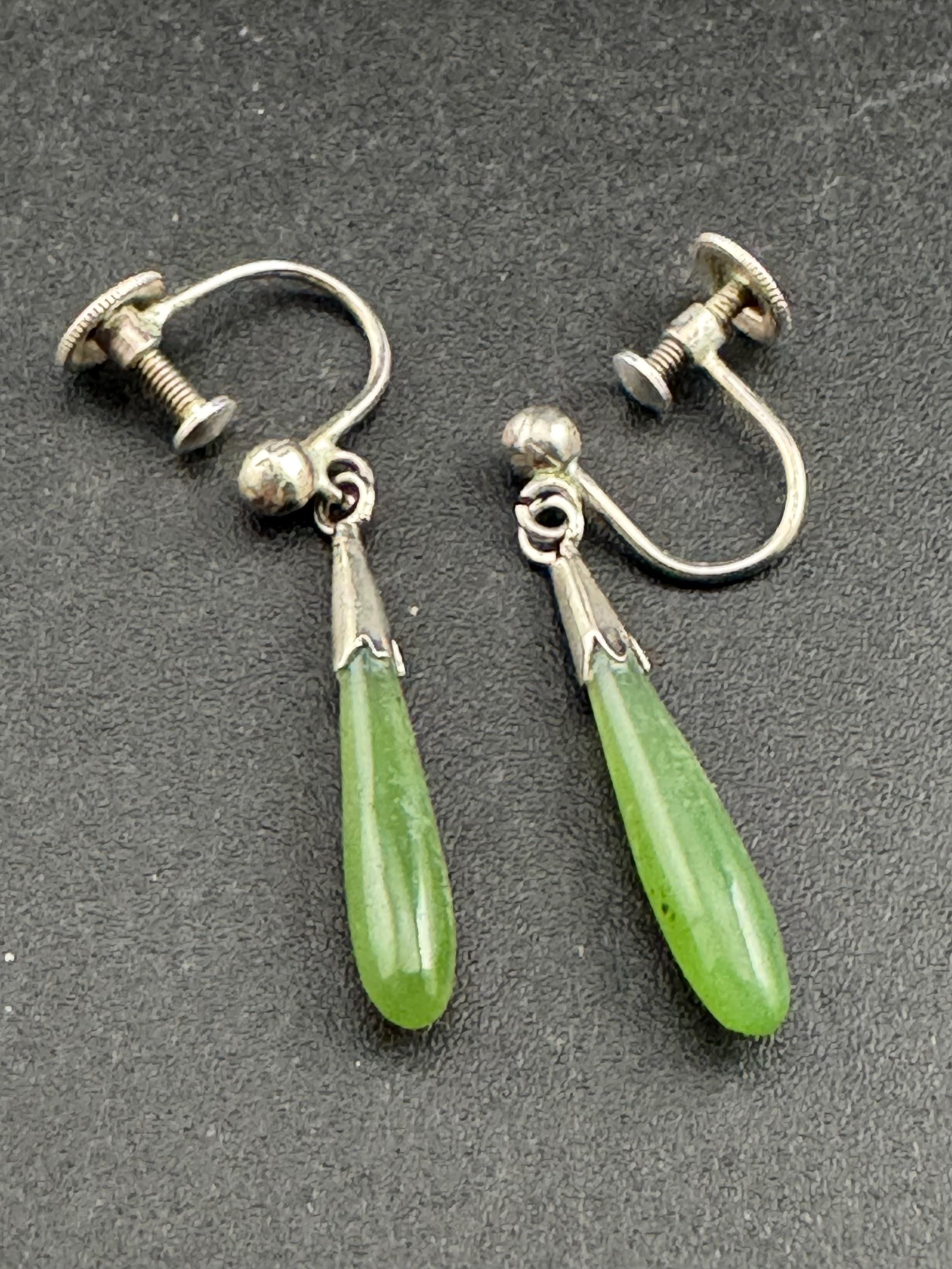 Antique green jade Teardrop Earrings: 1920s Screw Back Clip-Ons