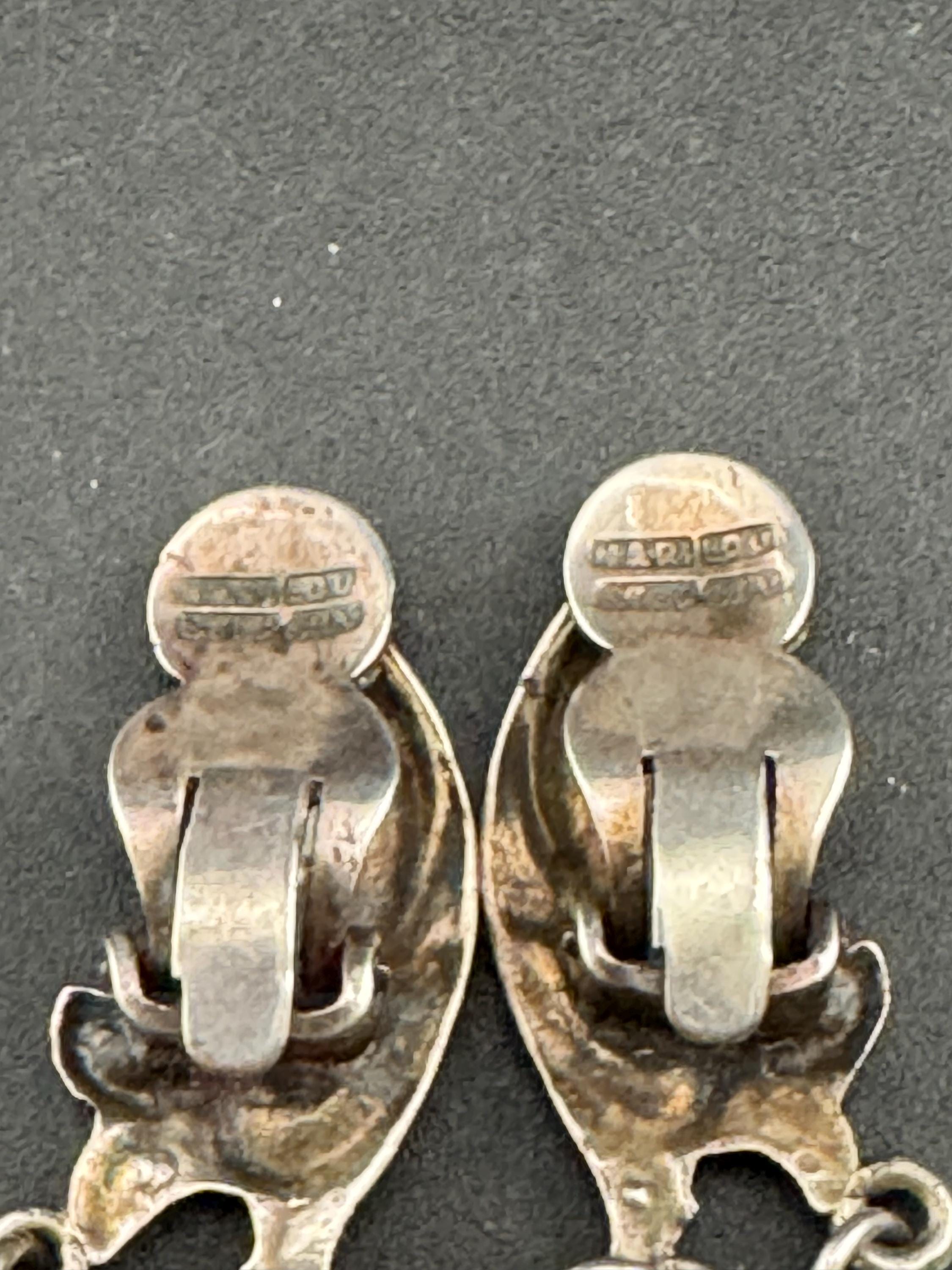 Vintage 925 modernist long dangly abstract clip on earrings, sterling silver