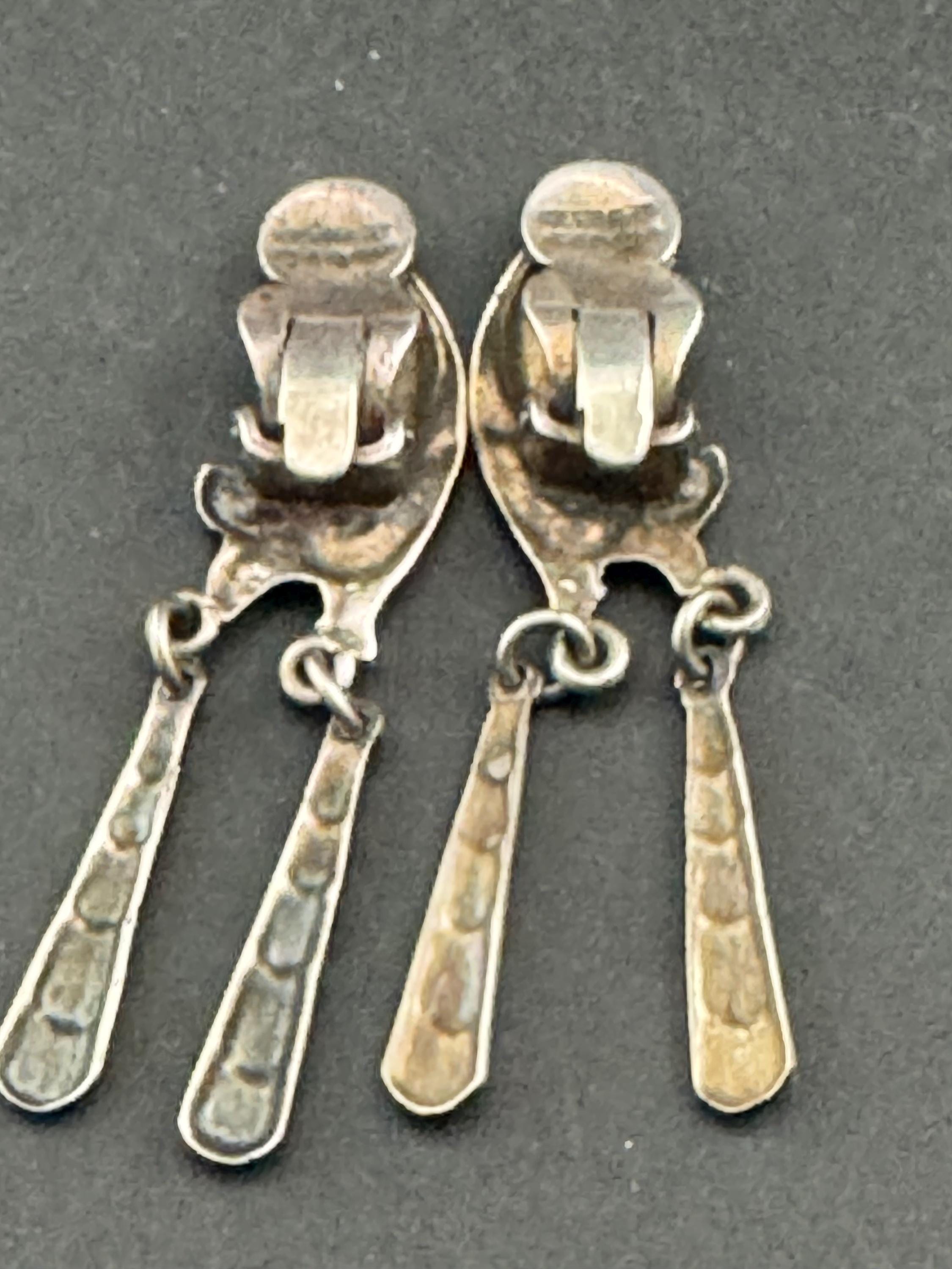 Vintage 925 modernist long dangly abstract clip on earrings, sterling silver