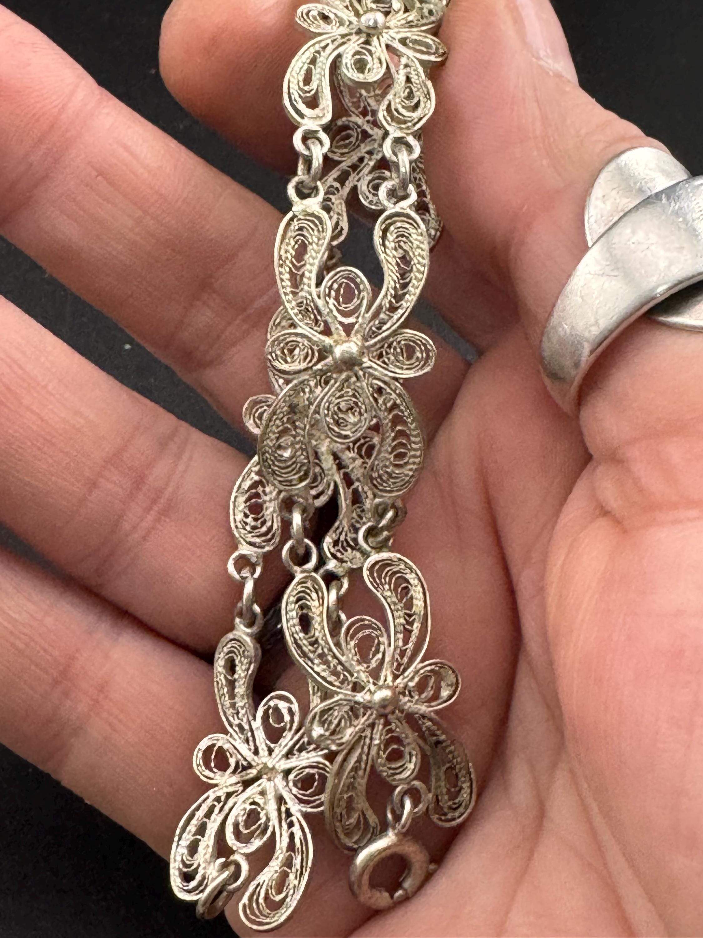 Antique vintage continental sterling silver panel link filigree bracelet.