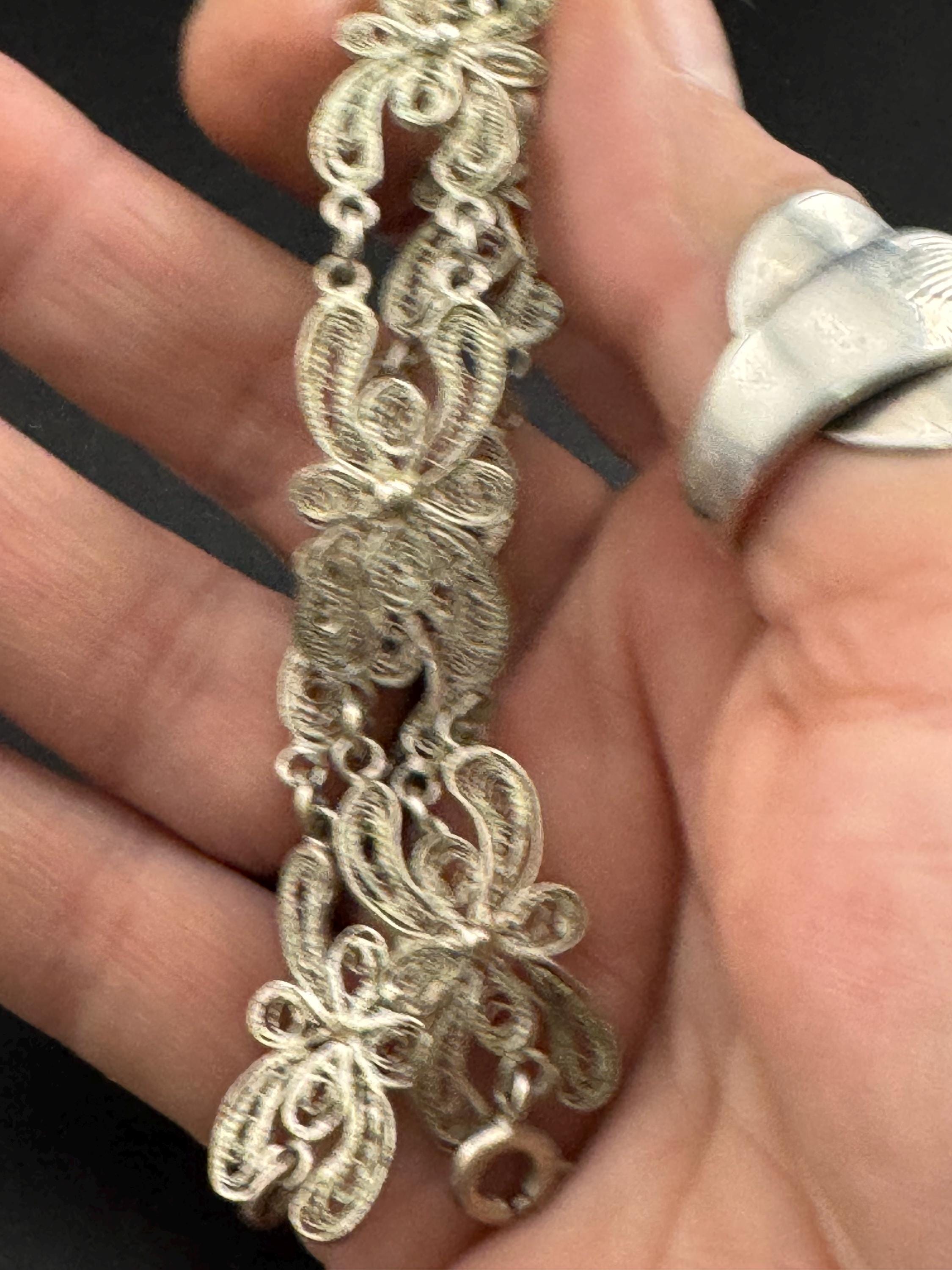 Antique vintage continental sterling silver panel link filigree bracelet.