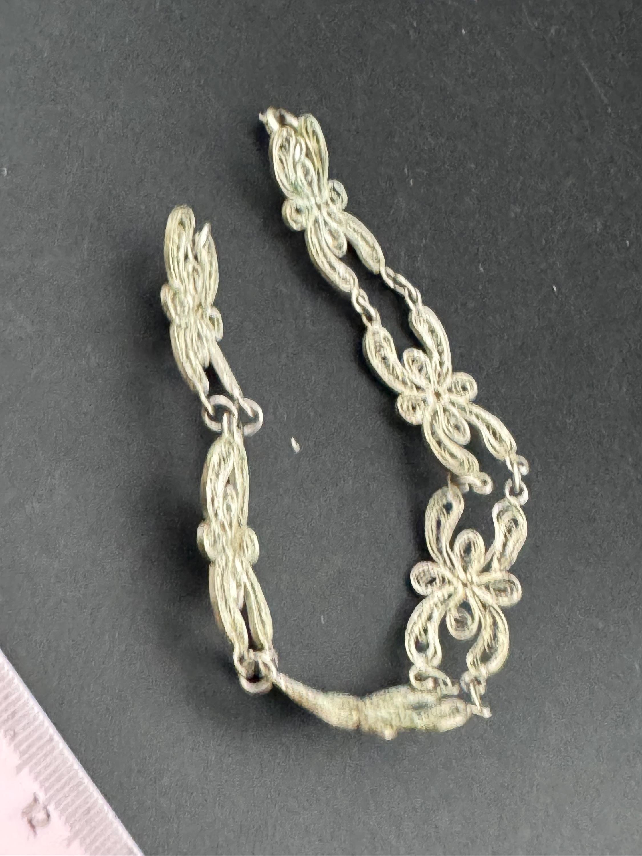 Antique vintage continental sterling silver panel link filigree bracelet.