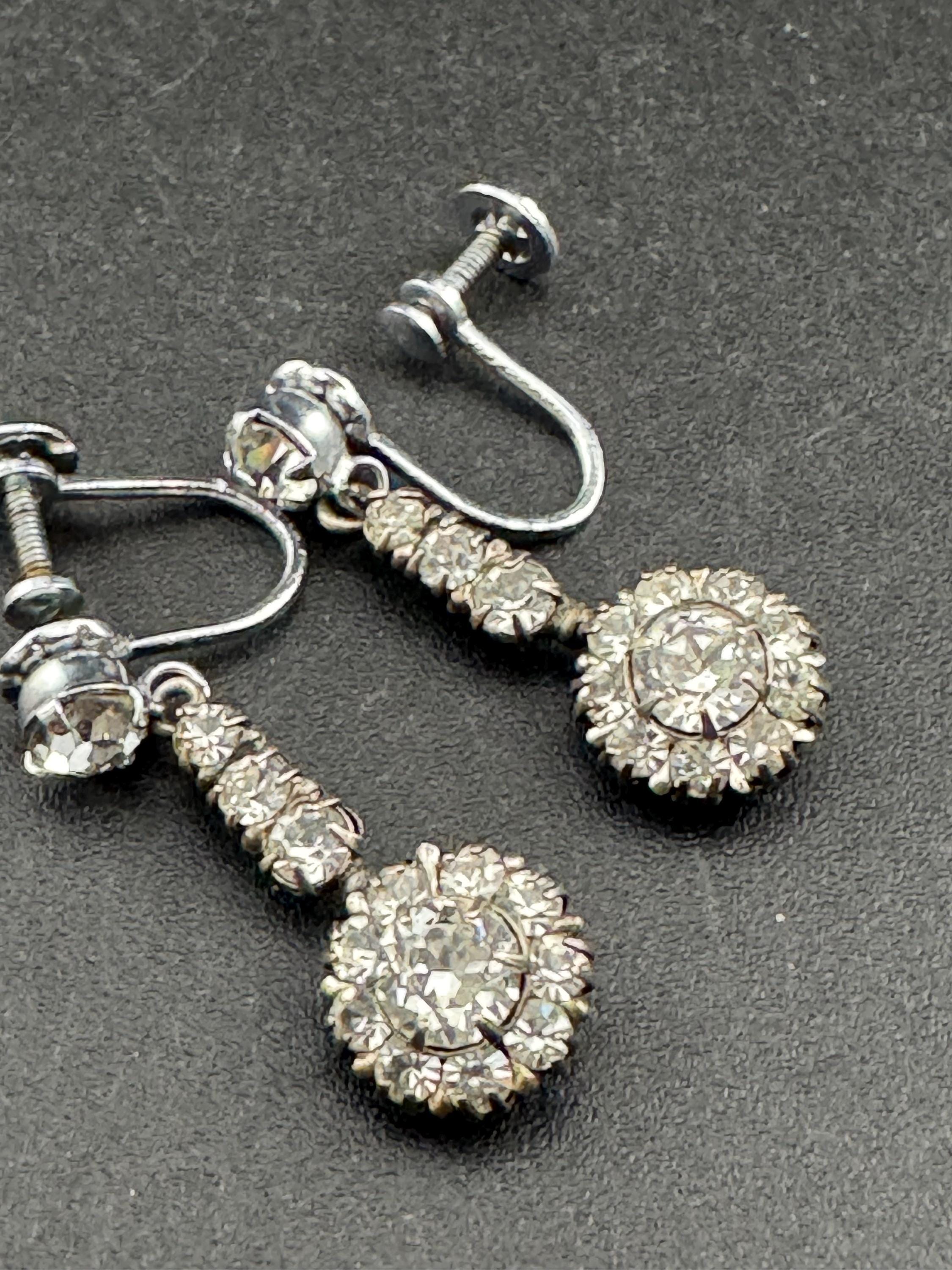 Vintage Sterling Art Deco clear paste screw back Earrings, silver clip ons