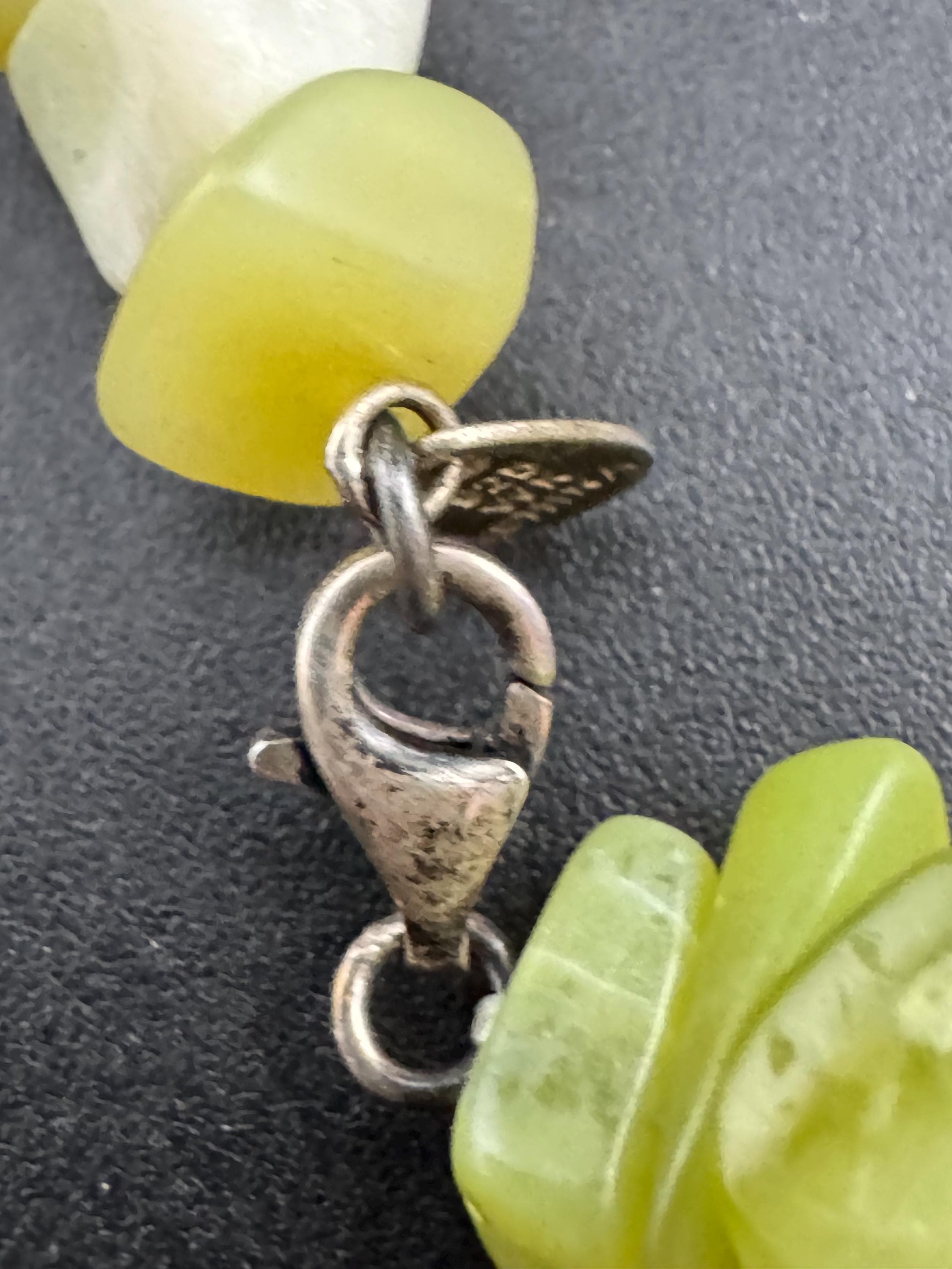 Green Agate slice long beaded gemstone Necklace: 925 Silver Clasp