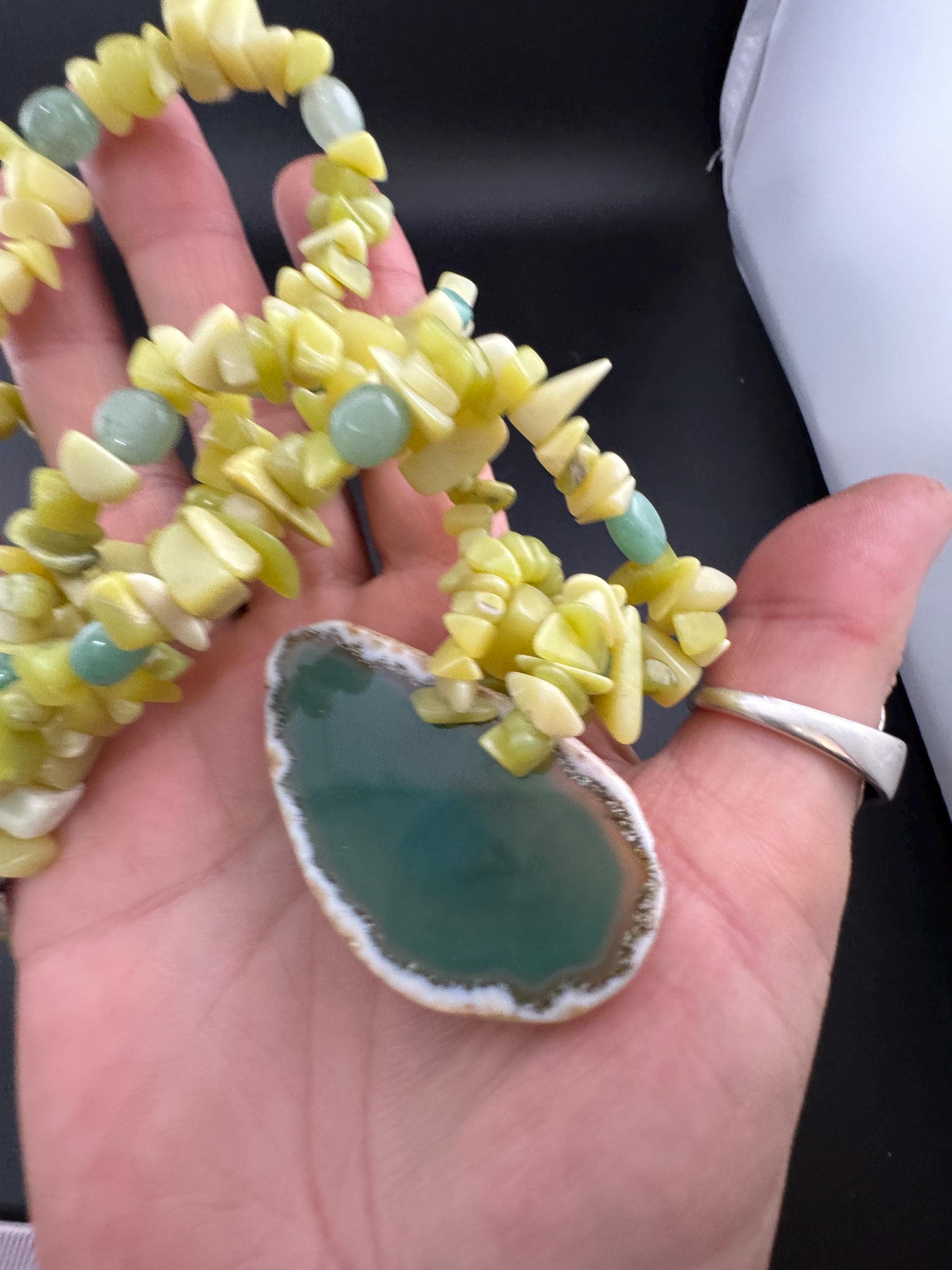 Green Agate slice long beaded gemstone Necklace: 925 Silver Clasp