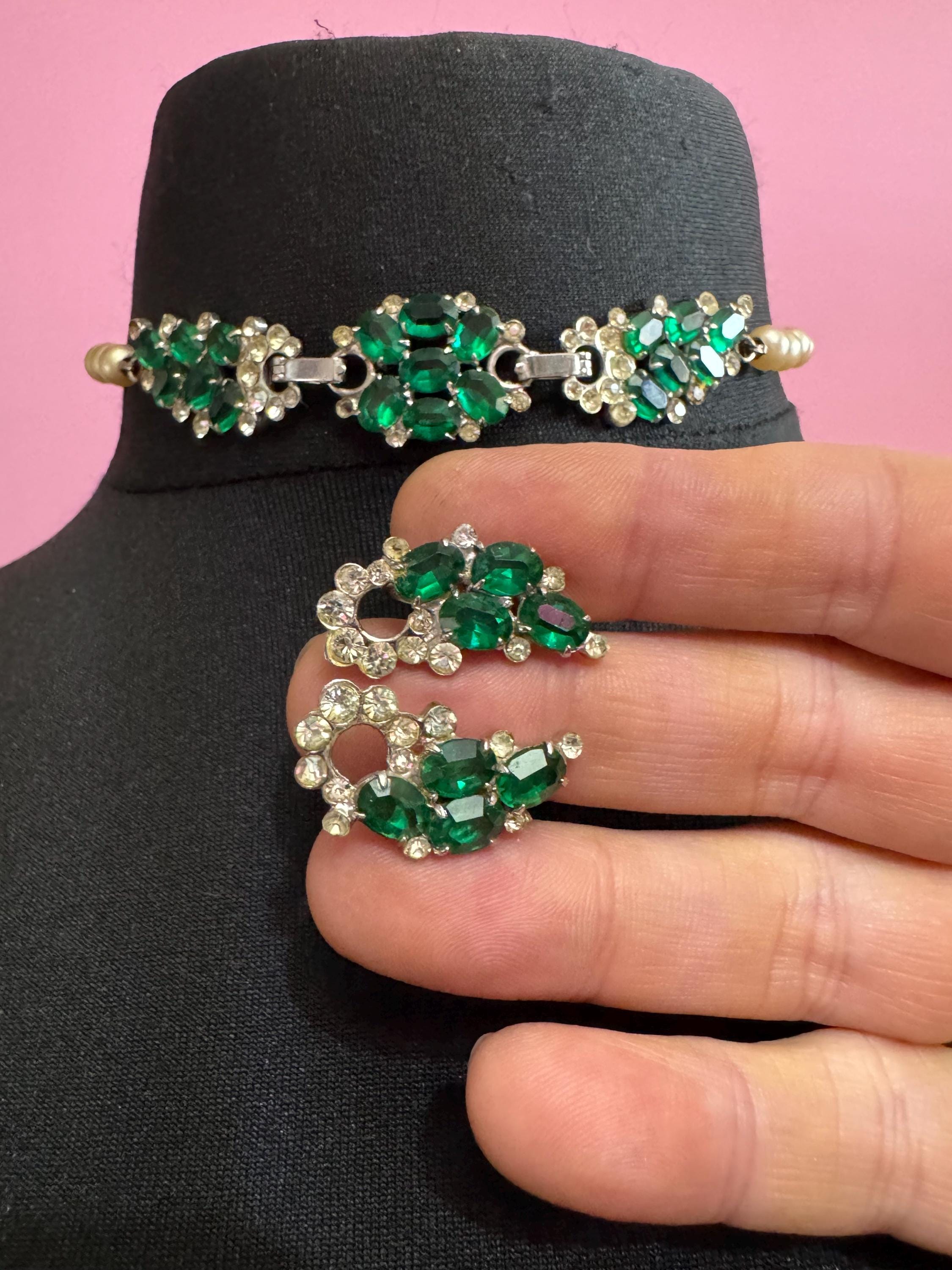 Vintage AVON Sterling Emerald Rhinestone Jewelry Set: Faux Pearl Choker & Earrings