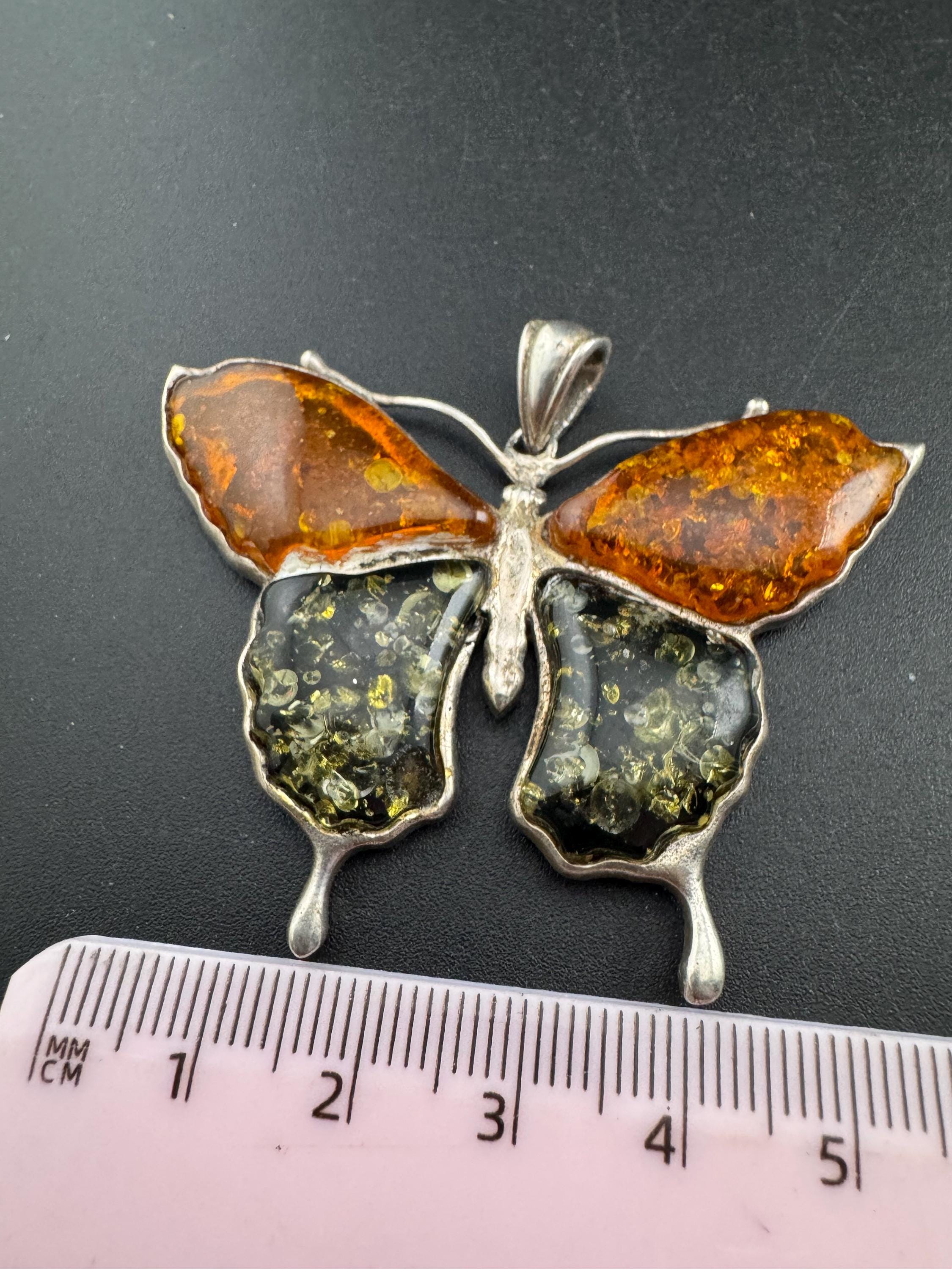 Large 6cm Amber butterfly Pendant, Sterling 925 Silver gemstone resin jewellery