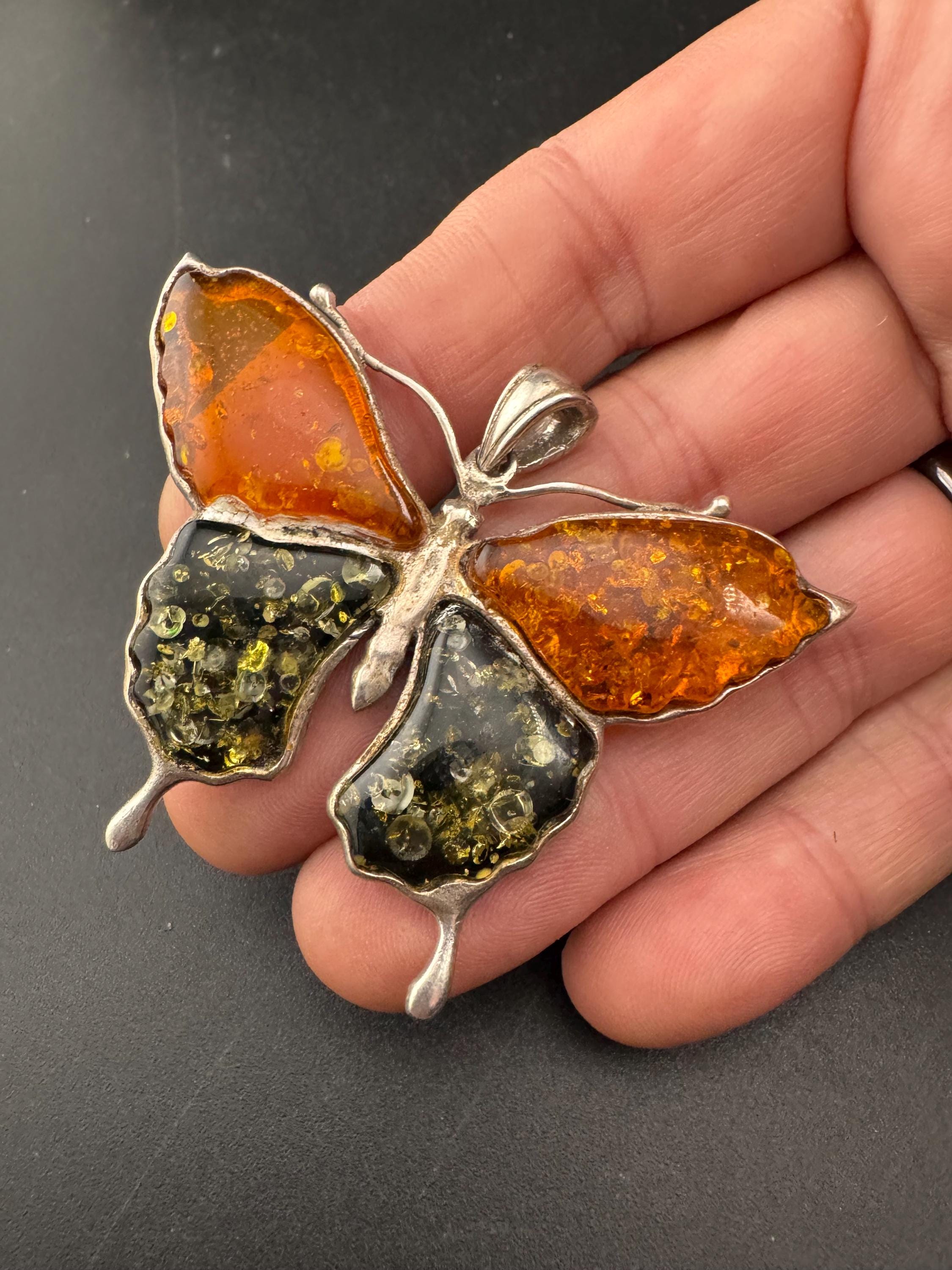 Large 6cm Amber butterfly Pendant, Sterling 925 Silver gemstone resin jewellery