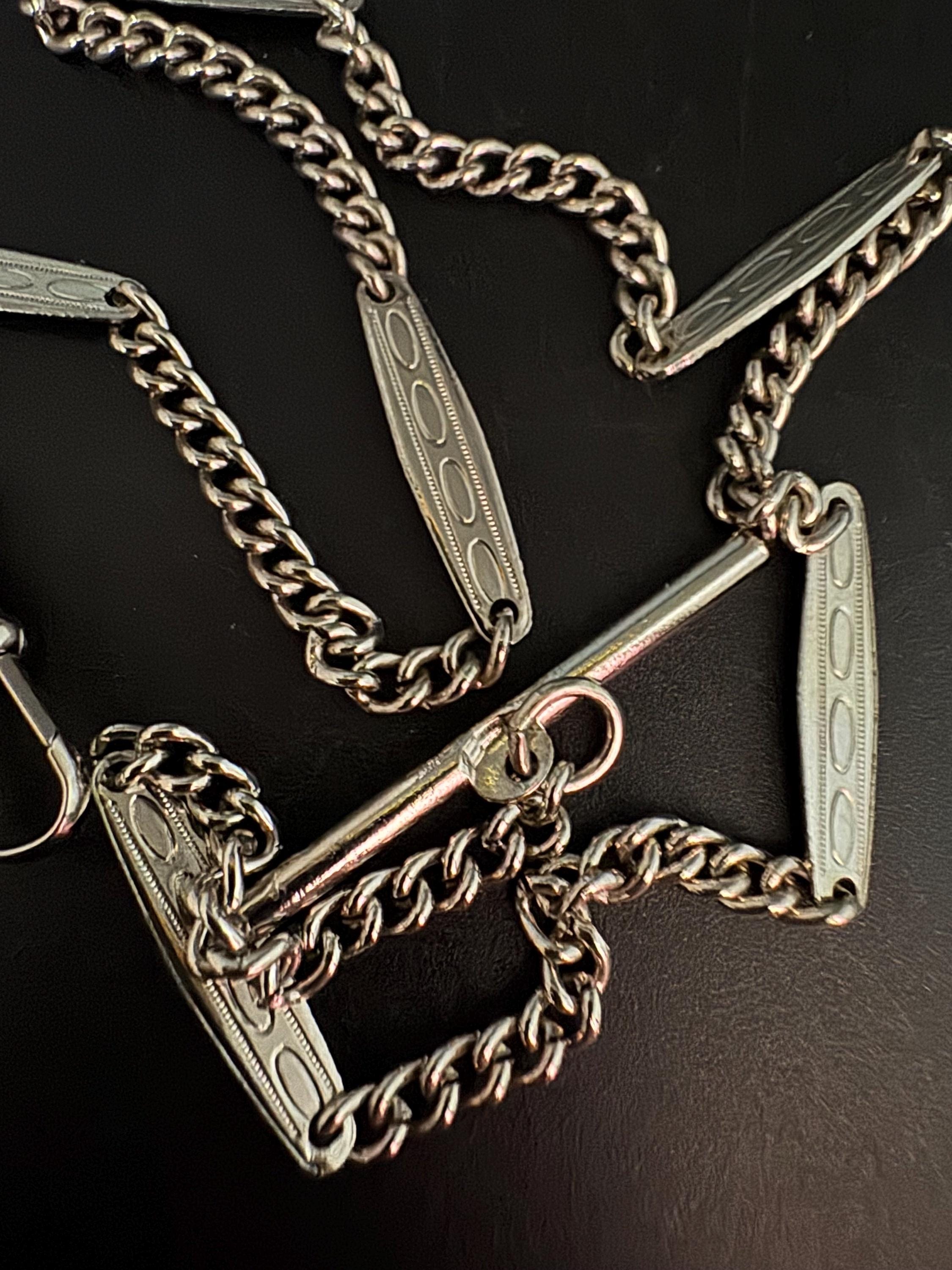 Art Deco Pocket Watch Chain T bar and necklace : Silver Metal machine age, 43.5cm