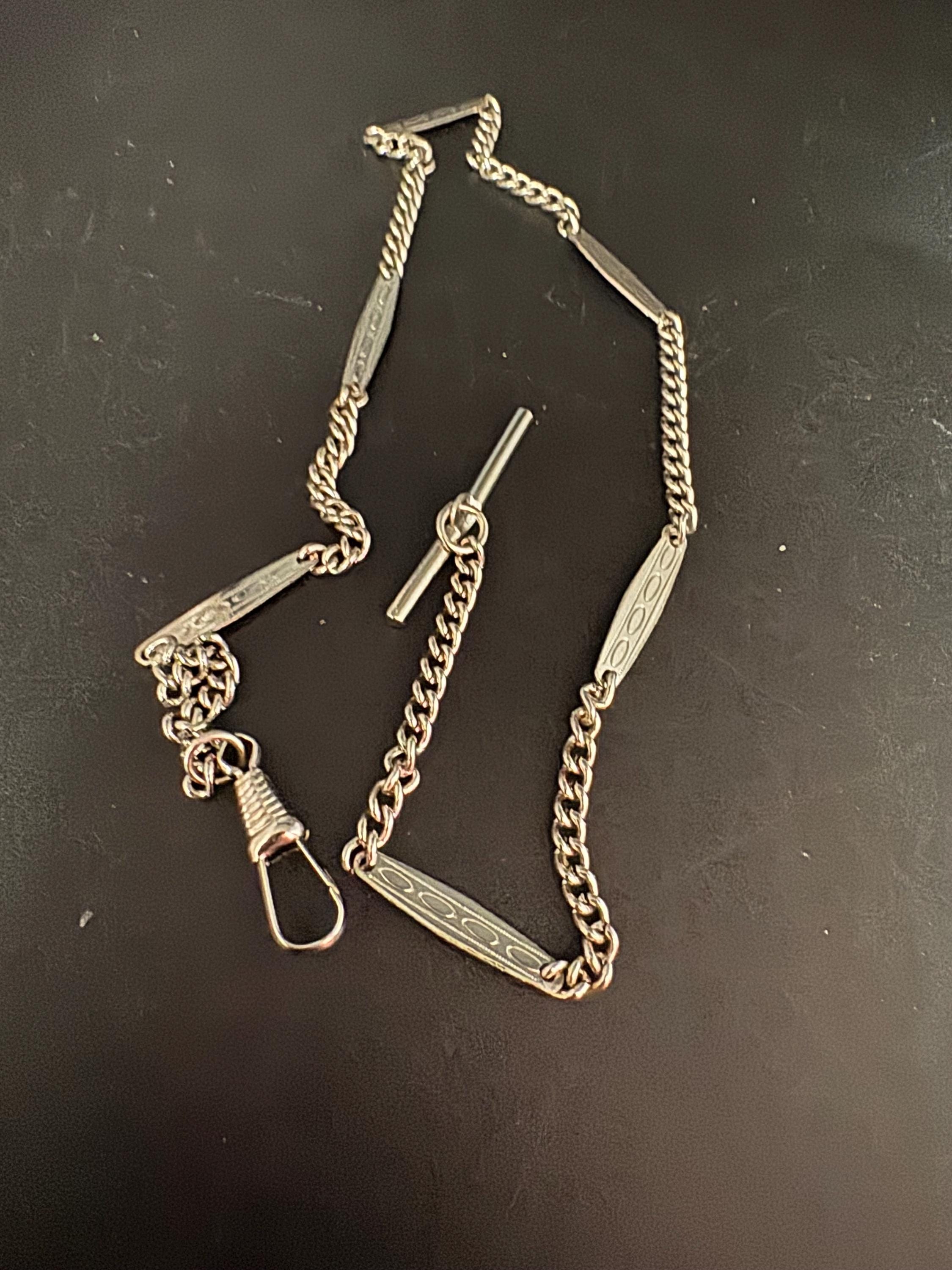 Art Deco Pocket Watch Chain T bar and necklace : Silver Metal machine age, 43.5cm