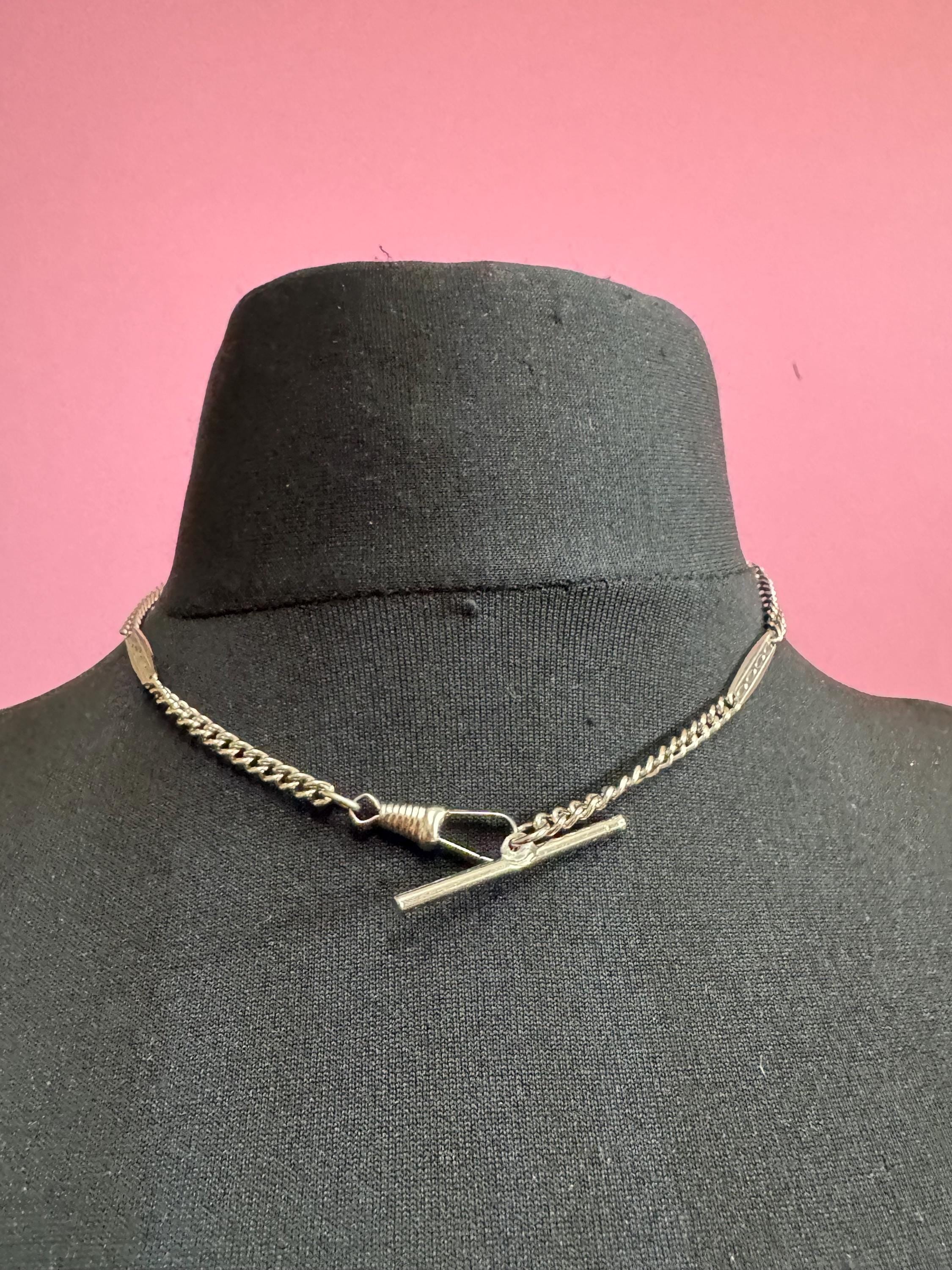Art Deco Pocket Watch Chain T bar and necklace : Silver Metal machine age, 43.5cm