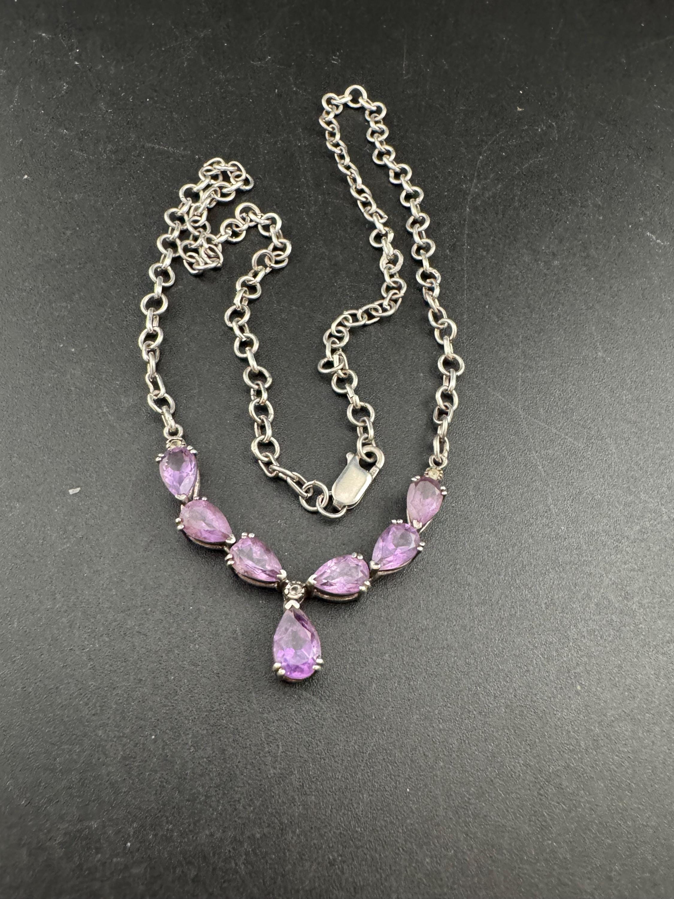 Vintage 925 art nouveau amethyst drop necklace, sterling silver