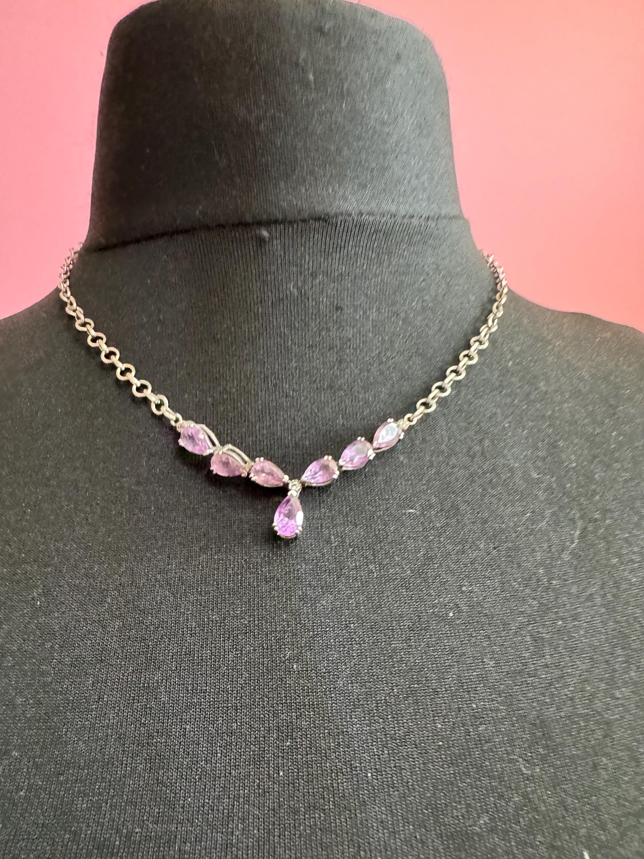 Vintage 925 art nouveau amethyst drop necklace, sterling silver
