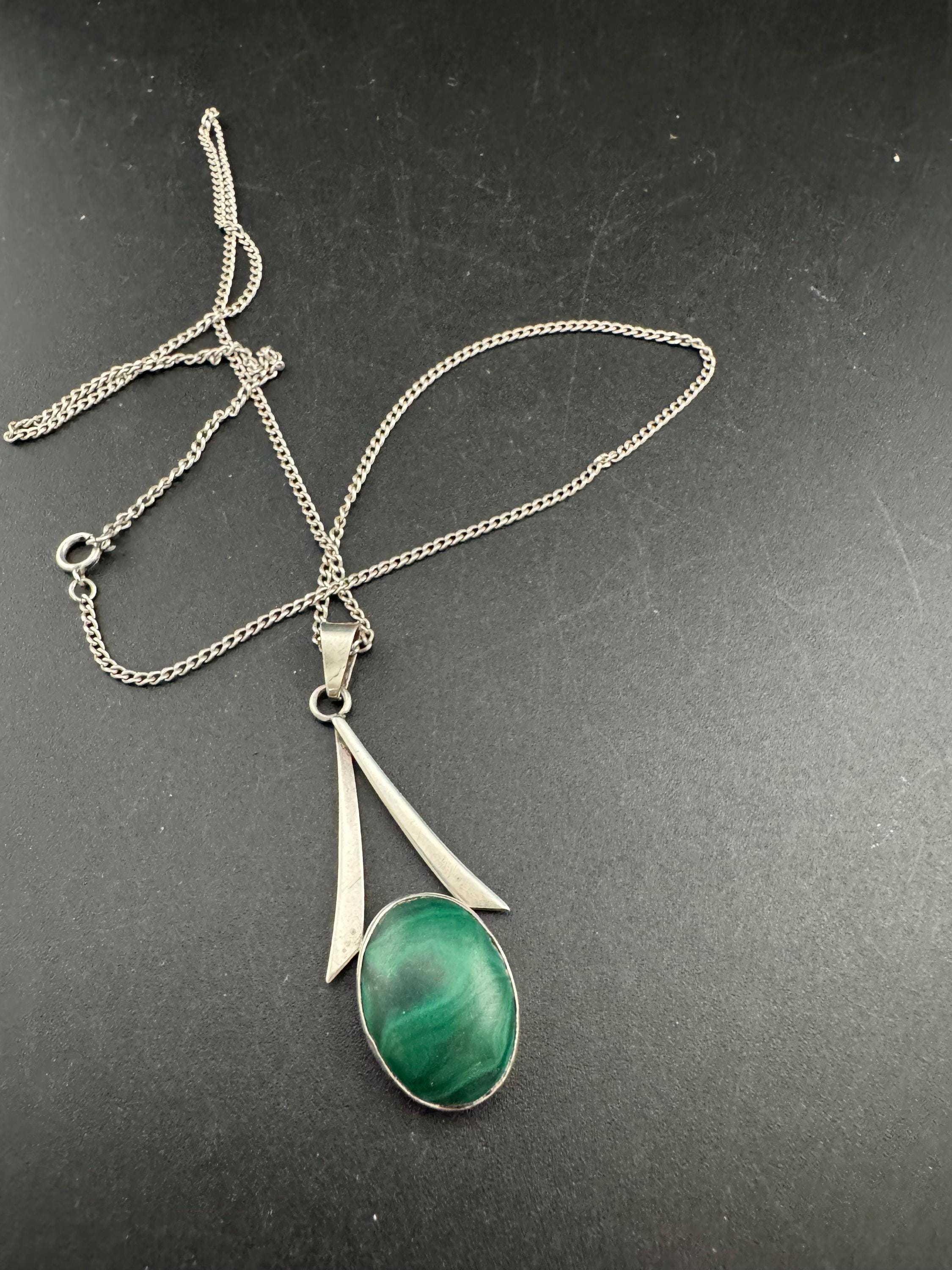 Sterling Silver 925 Modernist Malachite gemstone pendant , chain Necklace
