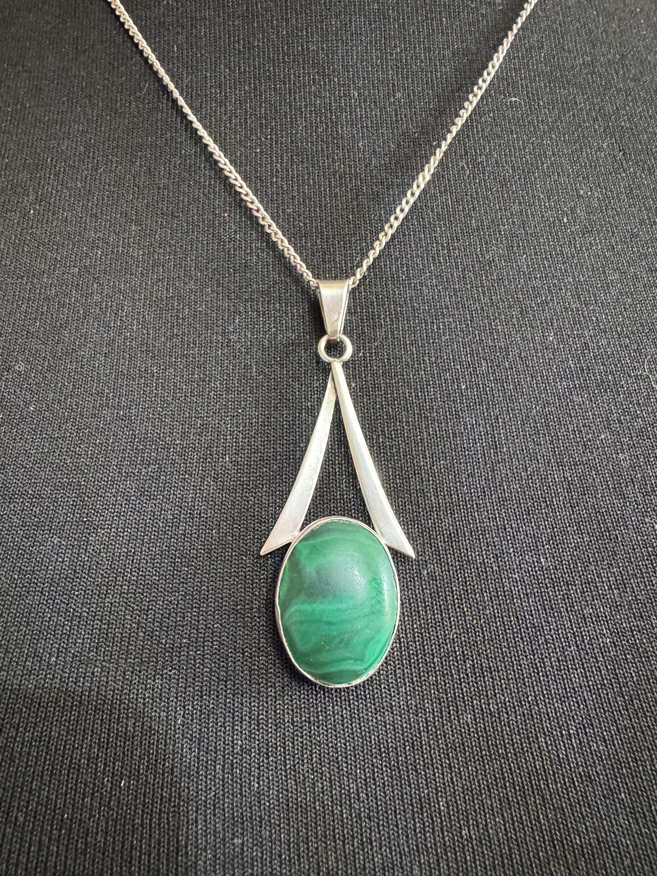 Sterling Silver 925 Modernist Malachite gemstone pendant , chain Necklace