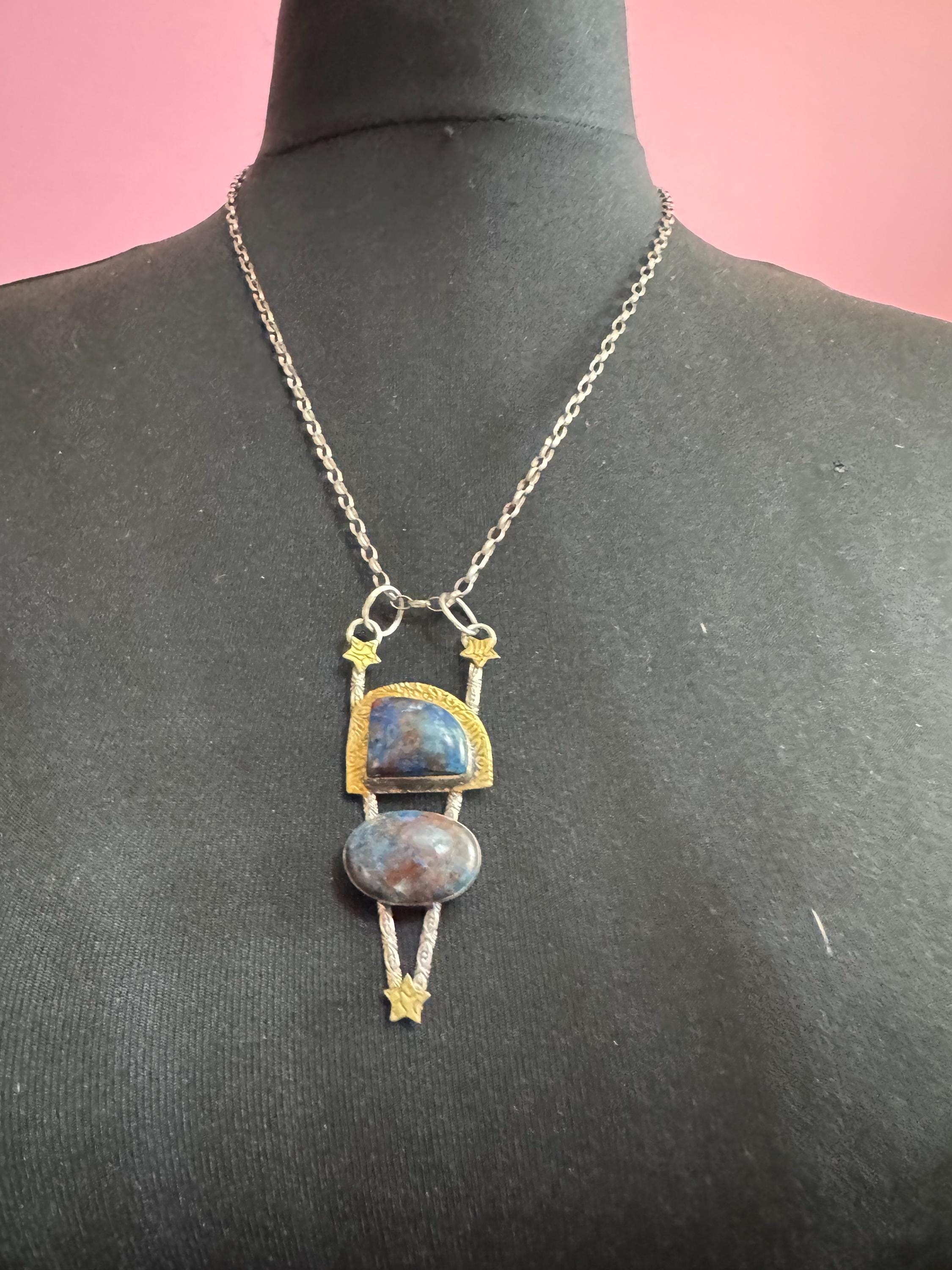 vintage blue brown gemstone artisan modernist pendant, 925 sterling silver 54cm chain