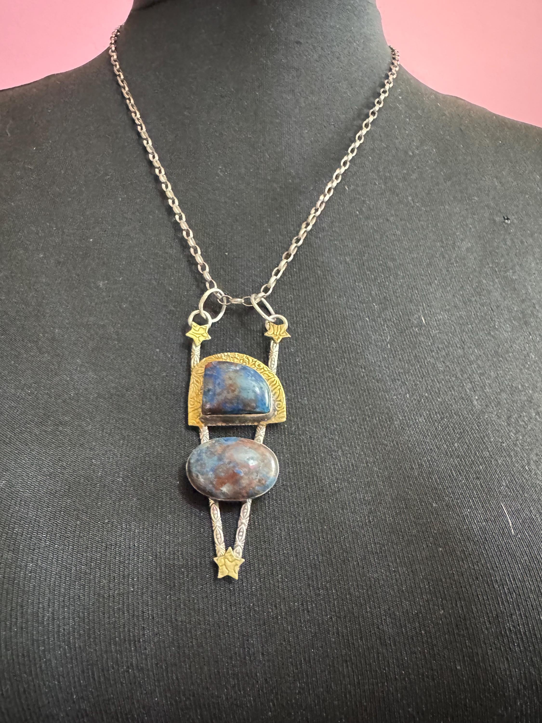 vintage blue brown gemstone artisan modernist pendant, 925 sterling silver 54cm chain