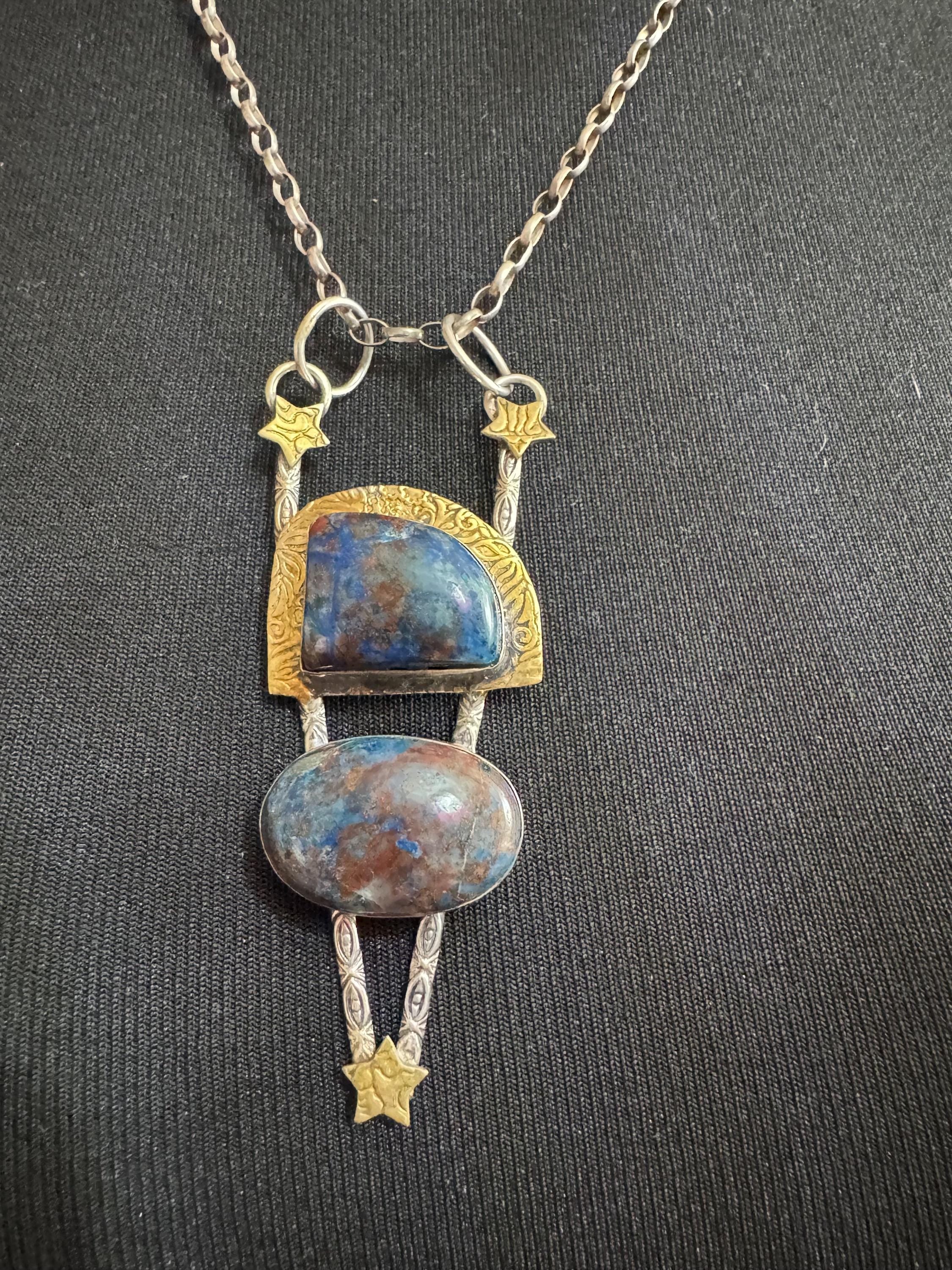 vintage blue brown gemstone artisan modernist pendant, 925 sterling silver 54cm chain