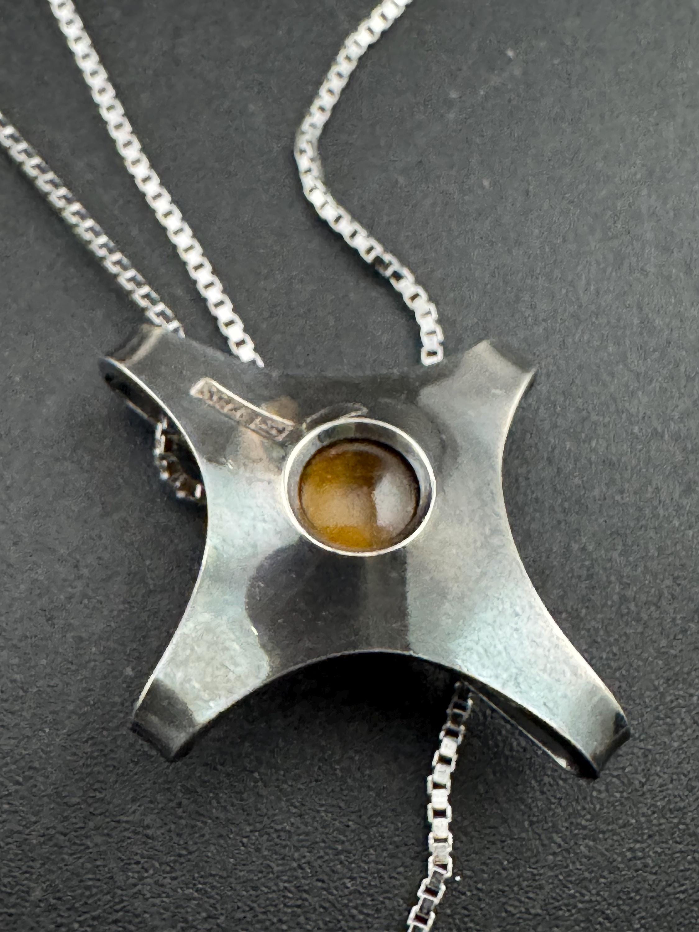 Vintage 1970s Tiger's Eye Sterling Silver Pendant Necklace, modernist brutalist design