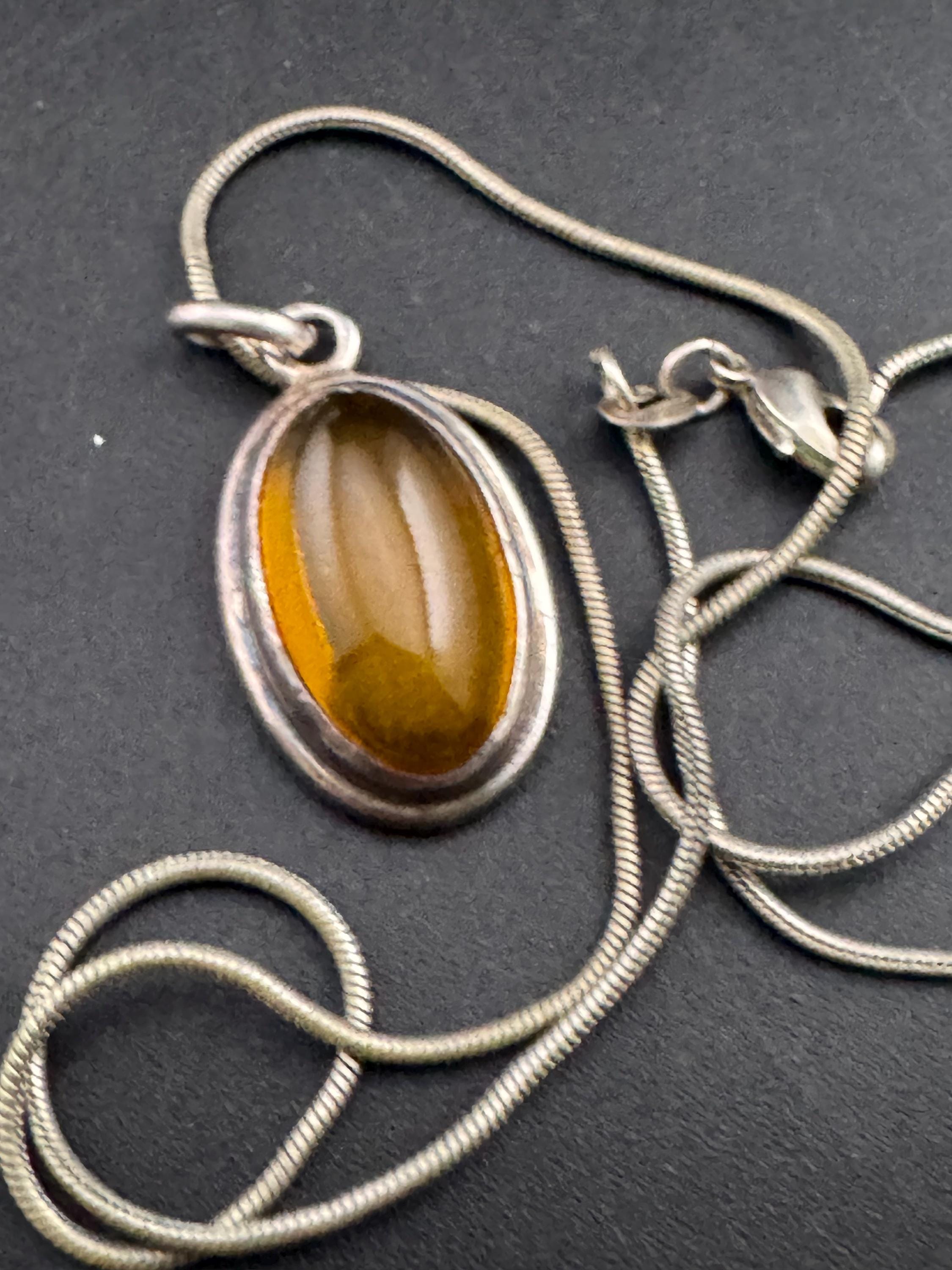 Natural Amber oval Pendant Necklace: Sterling Silver Jewelry