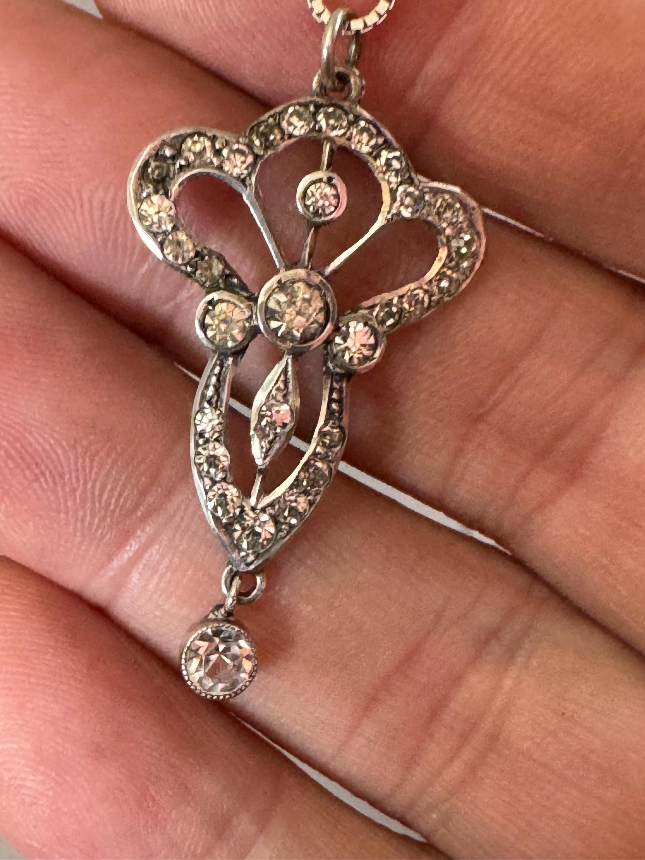 Antique art nouveau sterling paste drop pendant necklace, later 925 silver chain