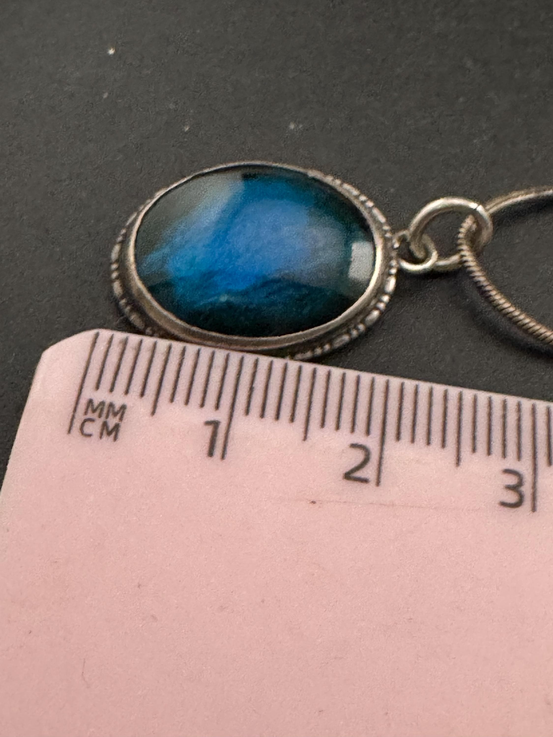 Antique blue butterfly wing oval pendant necklace , 925 sterling silver