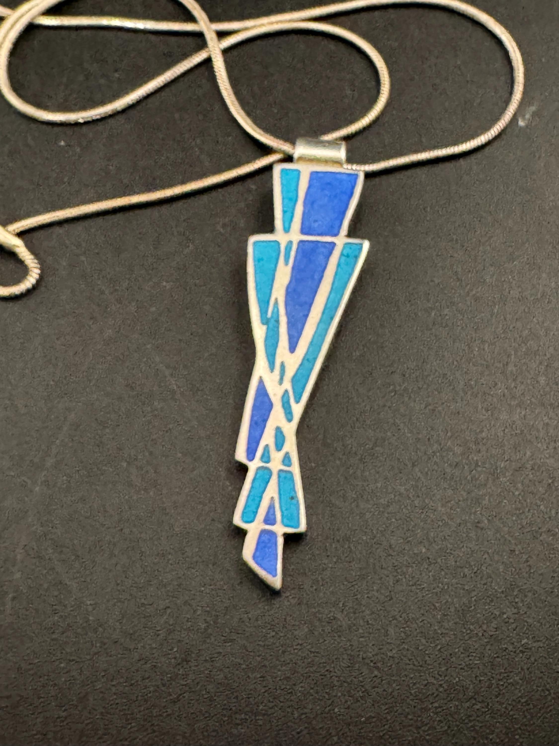 Blue enamel 925 Sterling Silver modernist pendant Necklace, full hallmarks