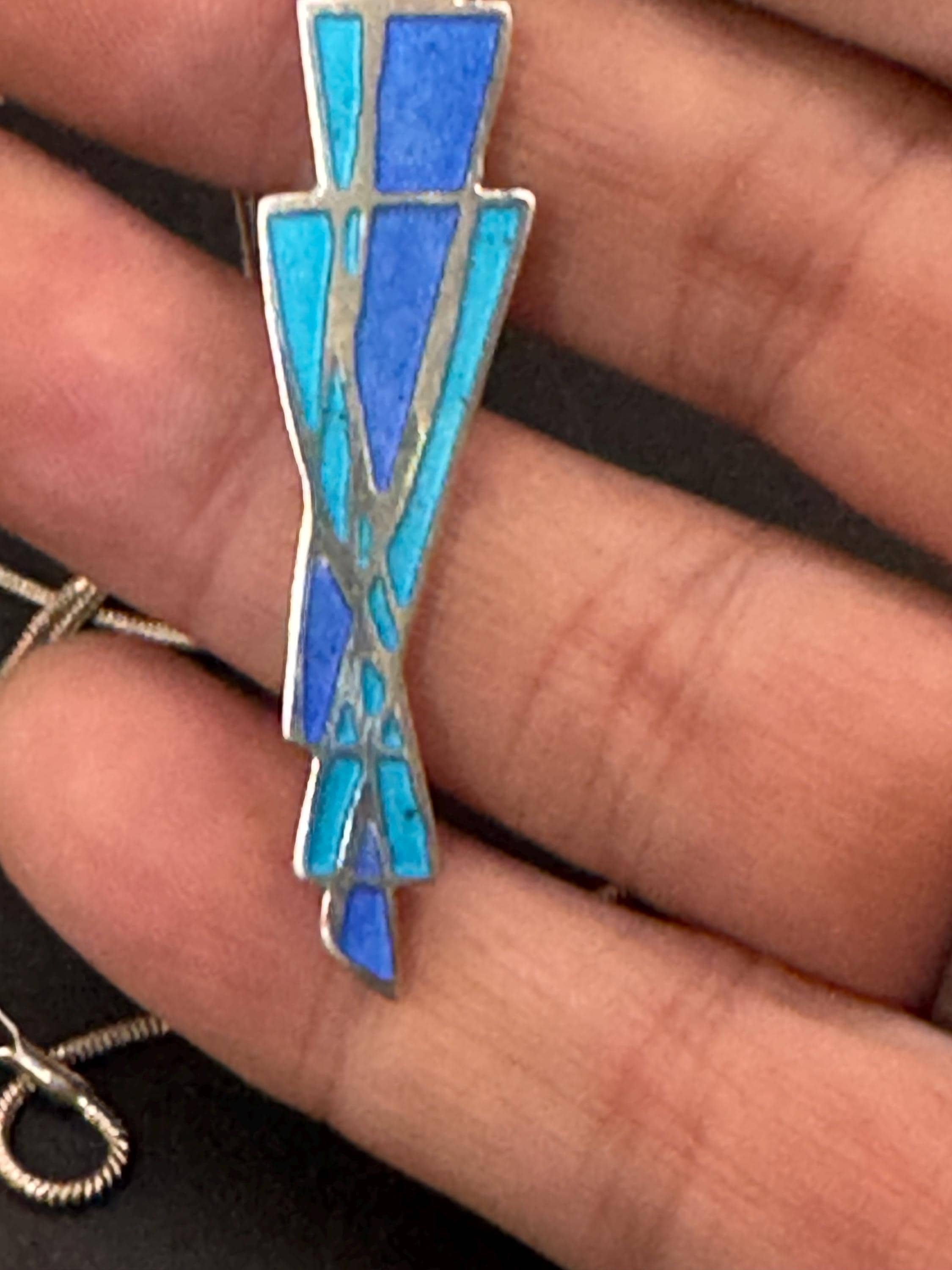 Blue enamel 925 Sterling Silver modernist pendant Necklace, full hallmarks