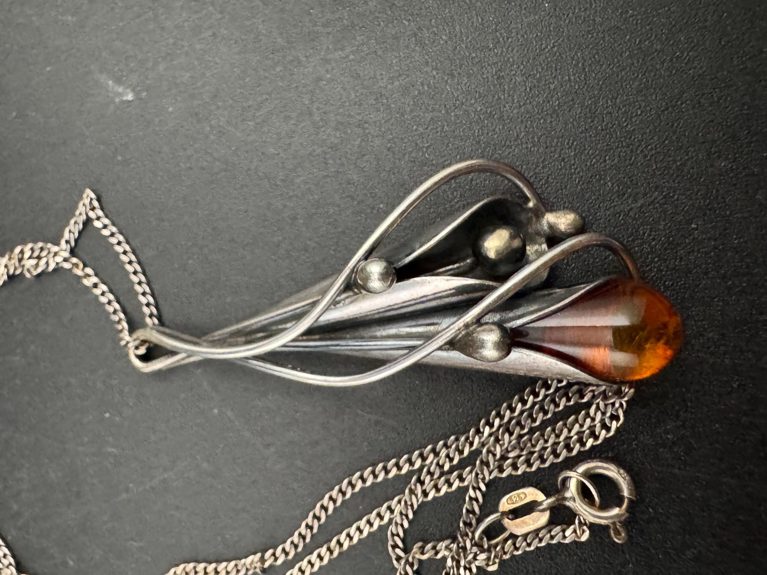 Art nouveau Amber artisan floral pendant necklace, Sterling silver 925