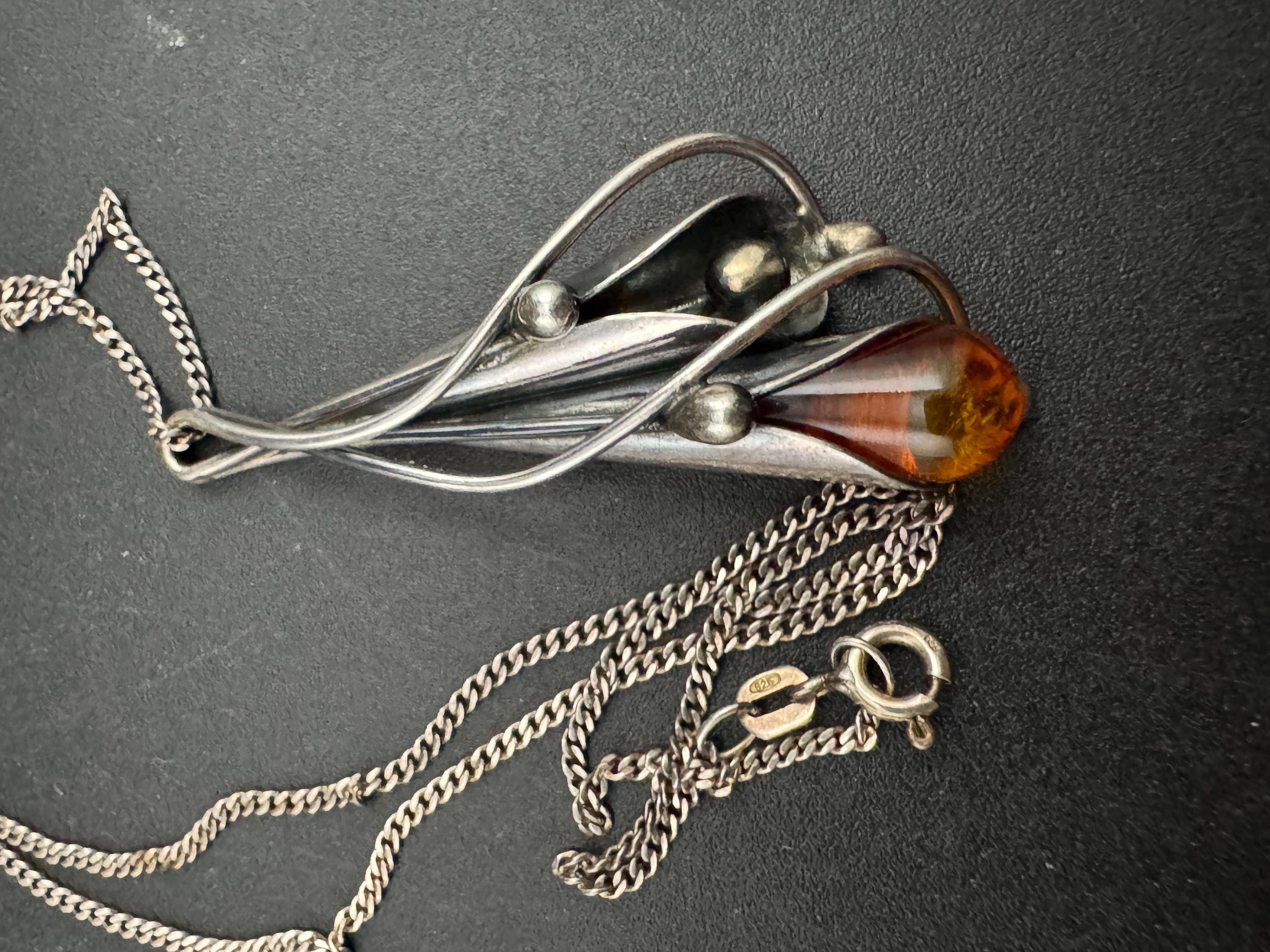 Art nouveau Amber artisan floral pendant necklace, Sterling silver 925