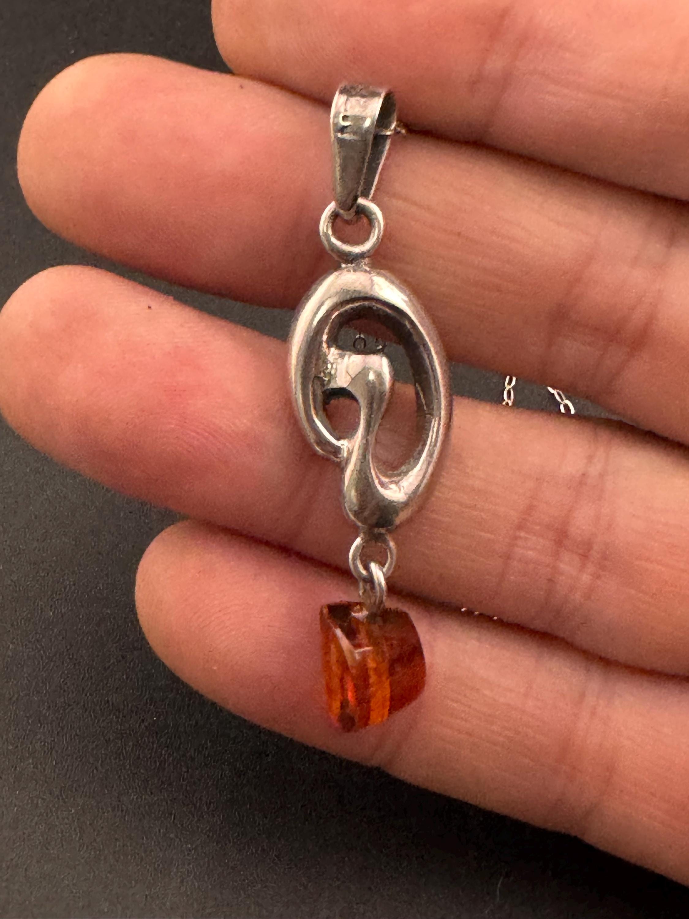 Art nouveau Amber beaded drop pendant necklace, Sterling silver 925