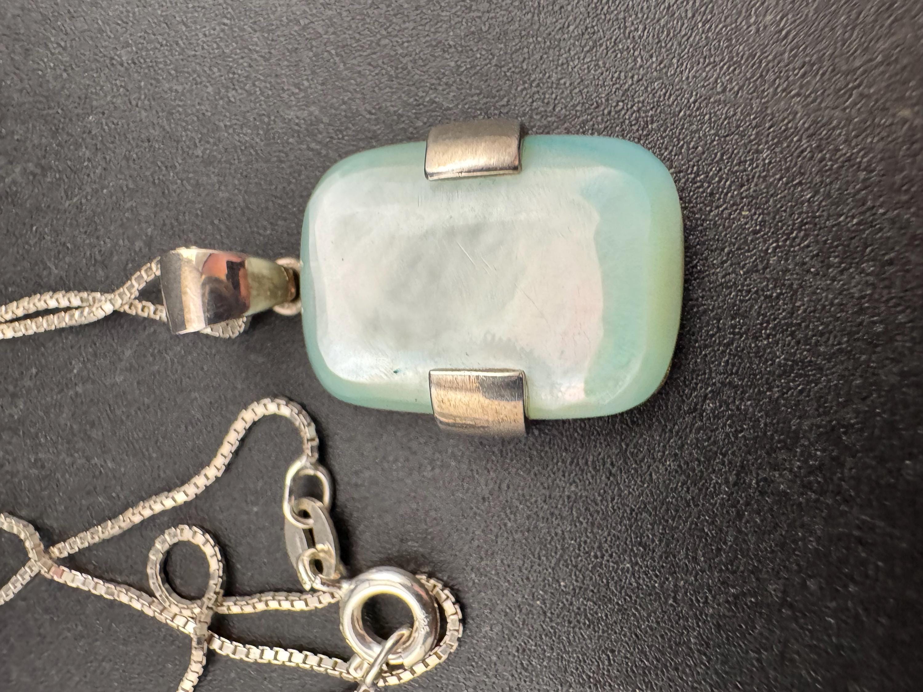 Vintage 925 blue mother of pearl shell Pendant Necklace: modernist Sterling Silver