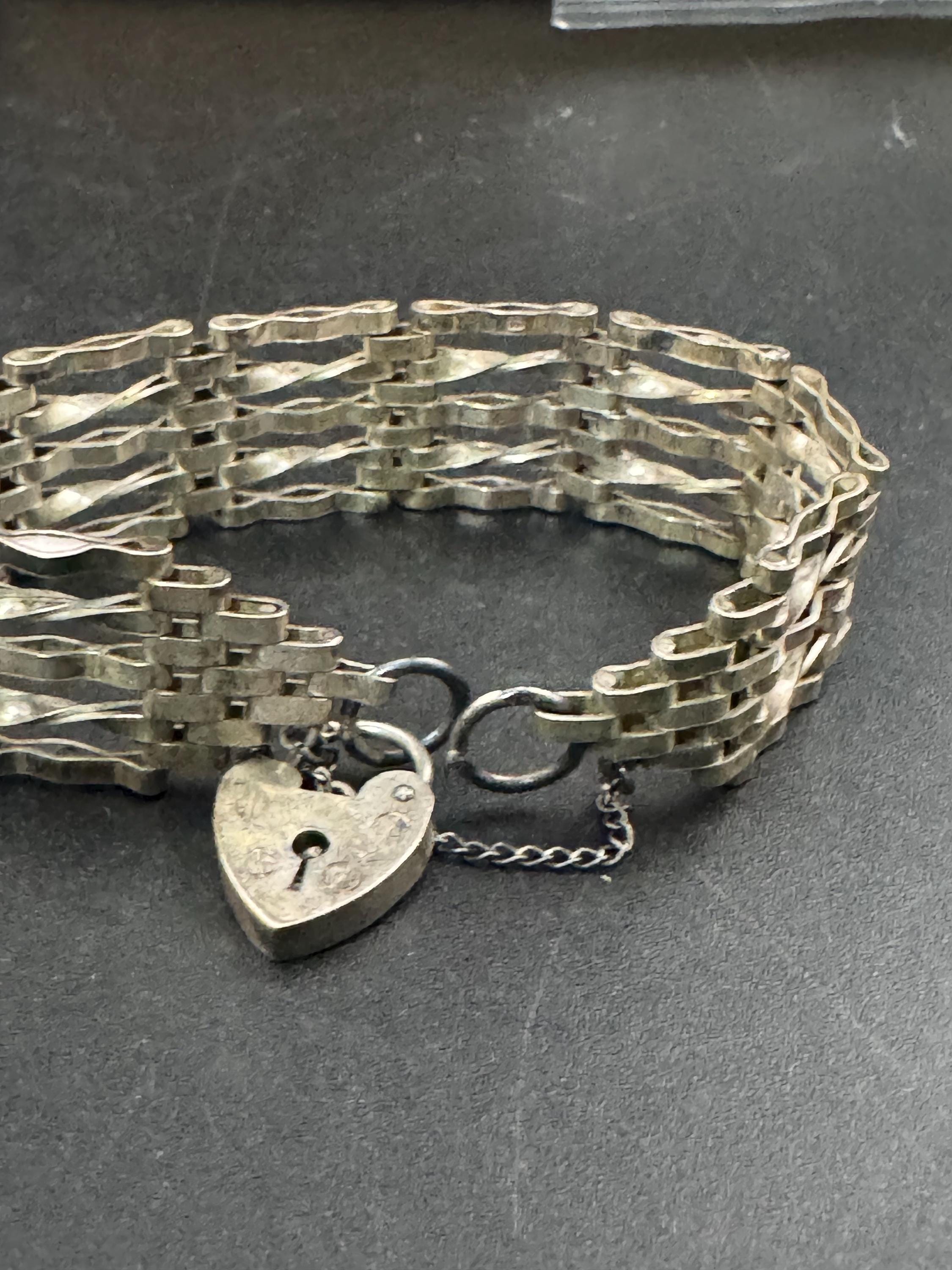 Vintage 925 sterling silver 5 bar gate bracelet with heart padlock and safety chain