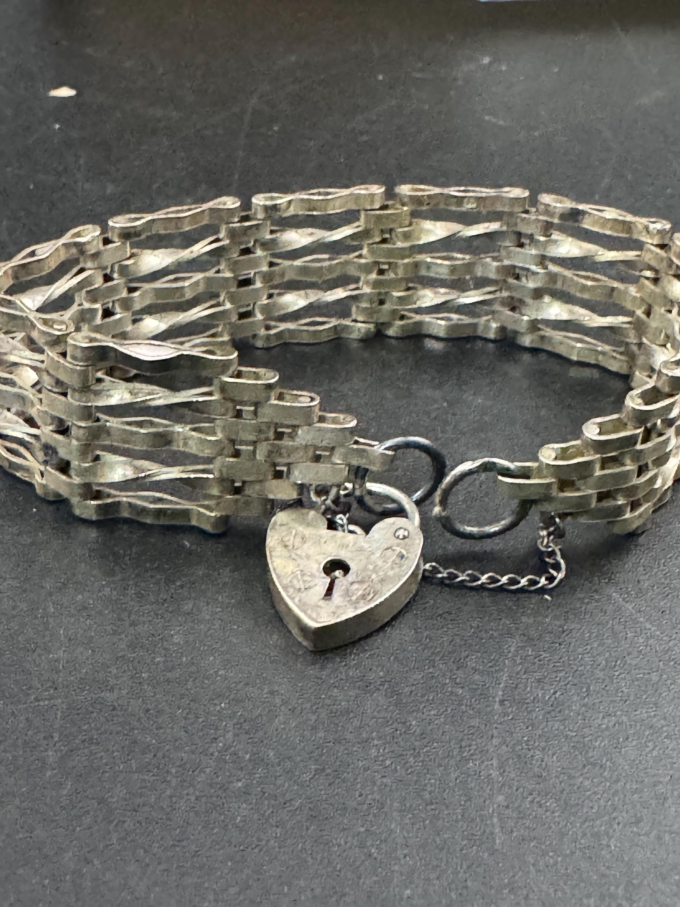 Vintage 925 sterling silver 5 bar gate bracelet with heart padlock and safety chain