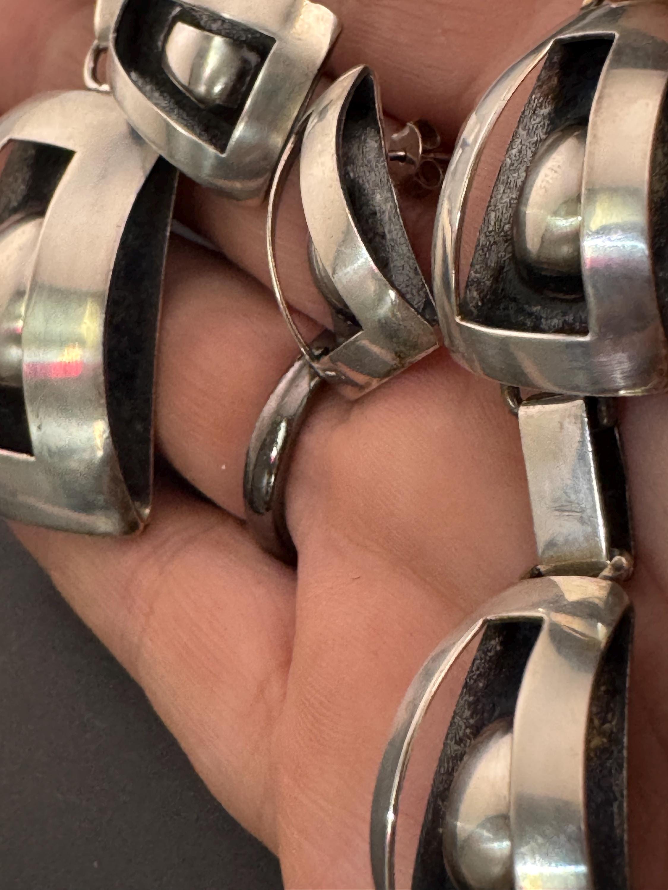 Vintage Polish 925 silver modernist jewellery set, pendant bracelet and stud earrings