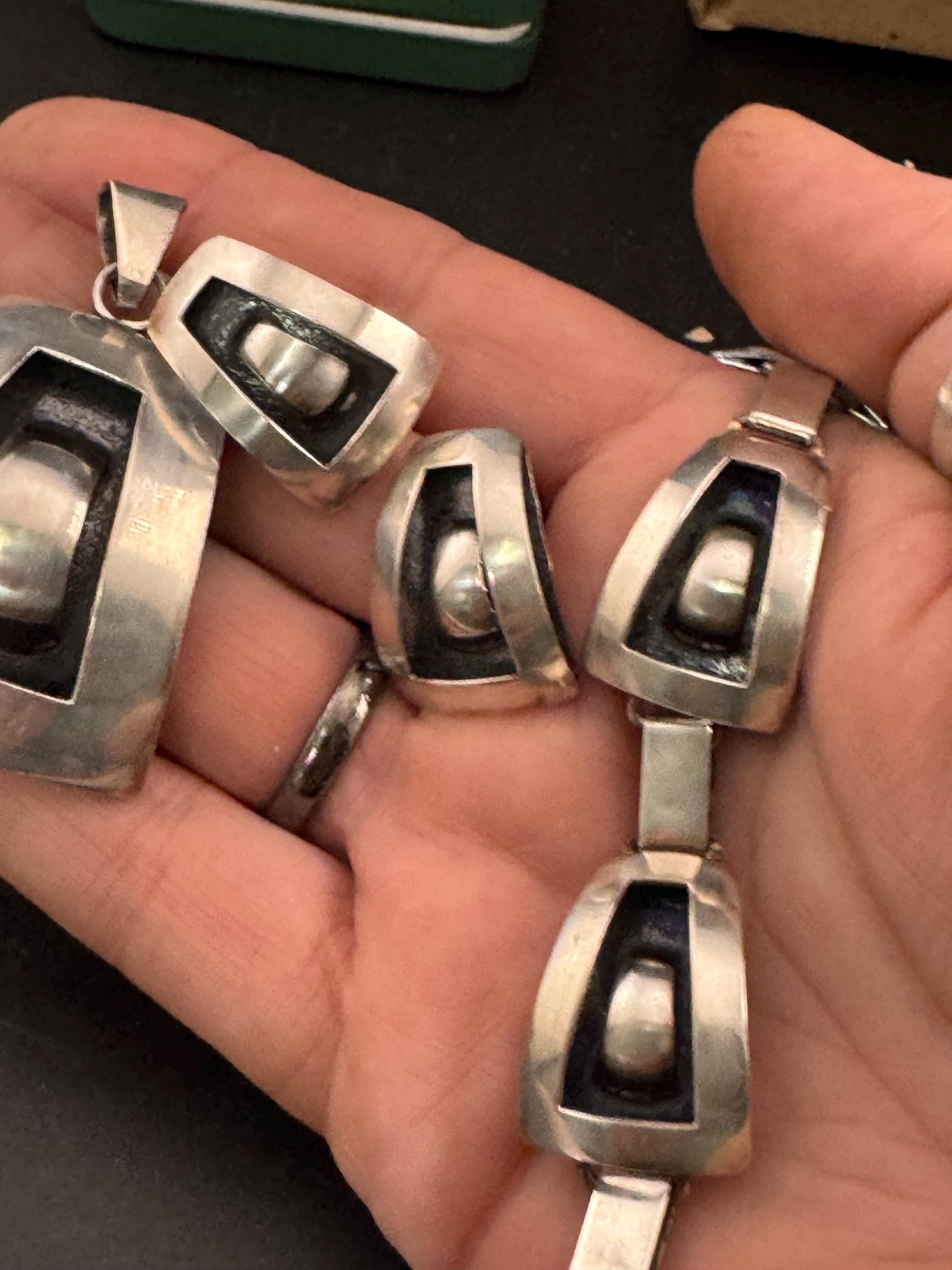 Vintage Polish 925 silver modernist jewellery set, pendant bracelet and stud earrings
